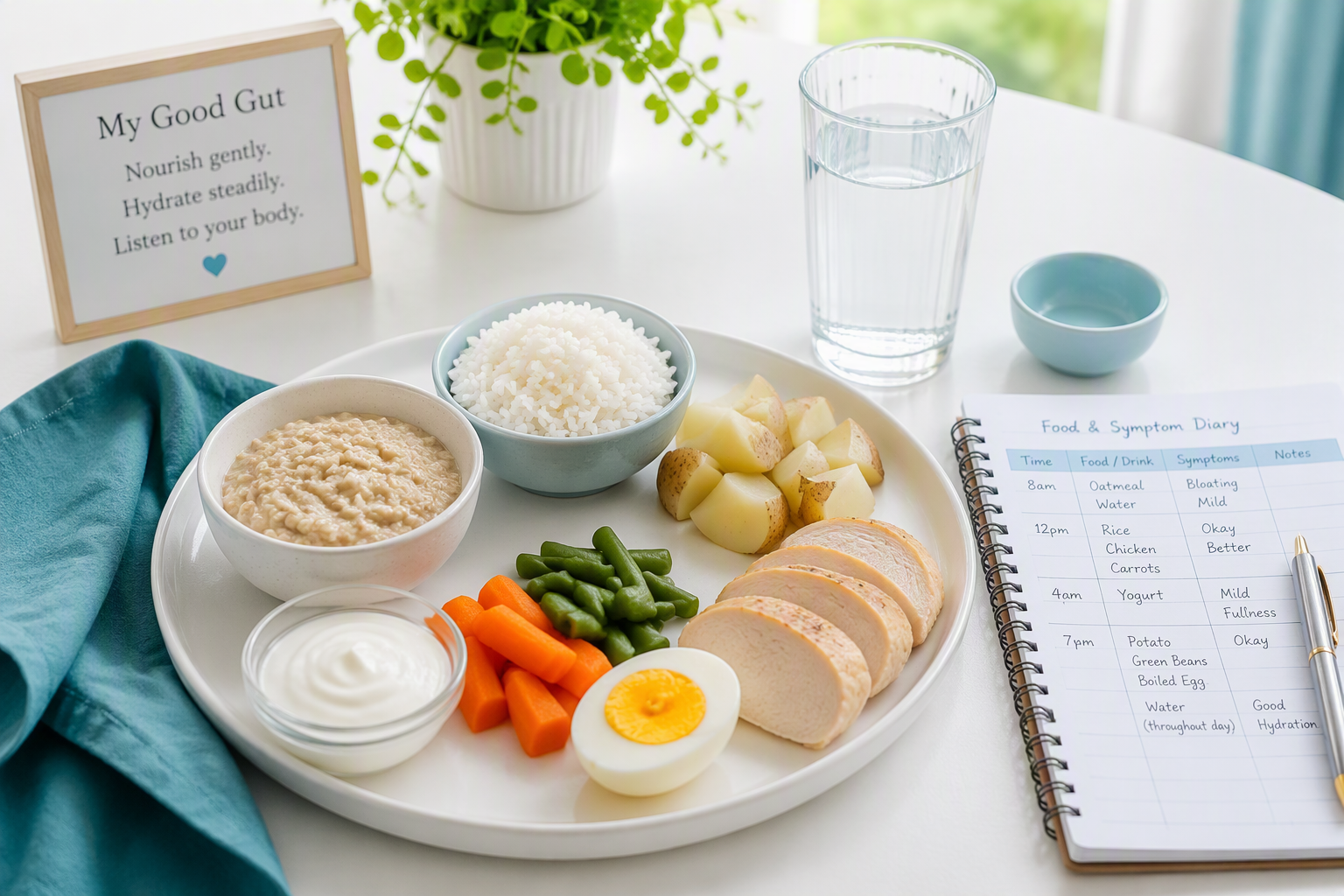 Small IBS-friendly meal with oatmeal, rice, cooked vegetables, yogurt, and water