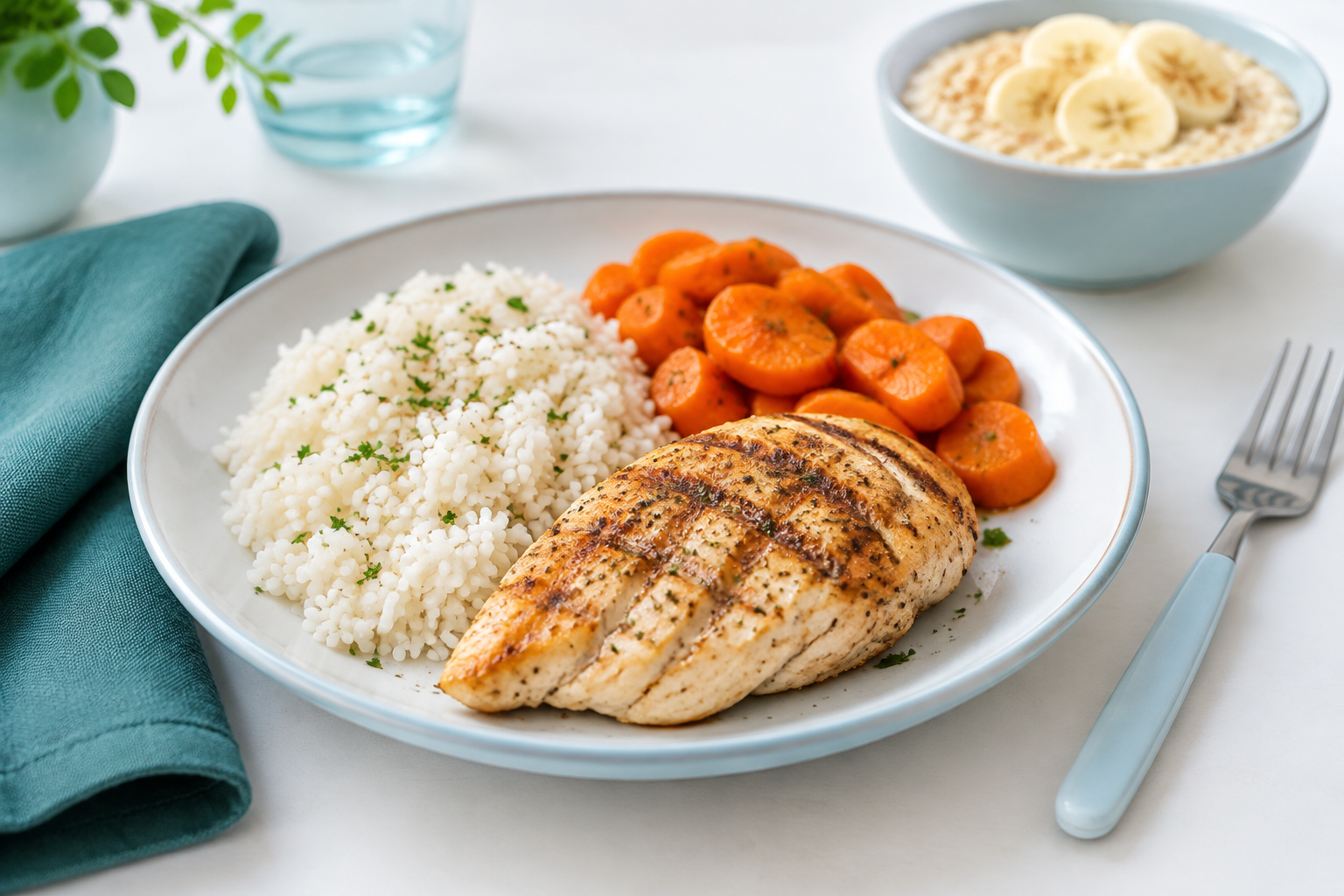 Simple gastritis flare meal of rice, grilled chicken, cooked carrots, and oatmeal