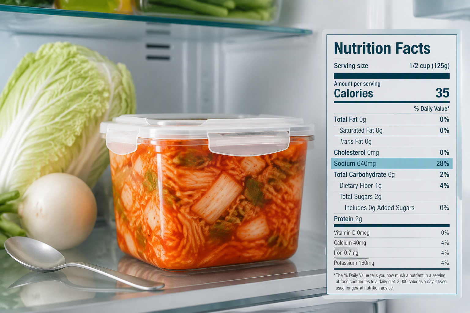 Safe kimchi storage with a sealed refrigerated container and clean serving utensil