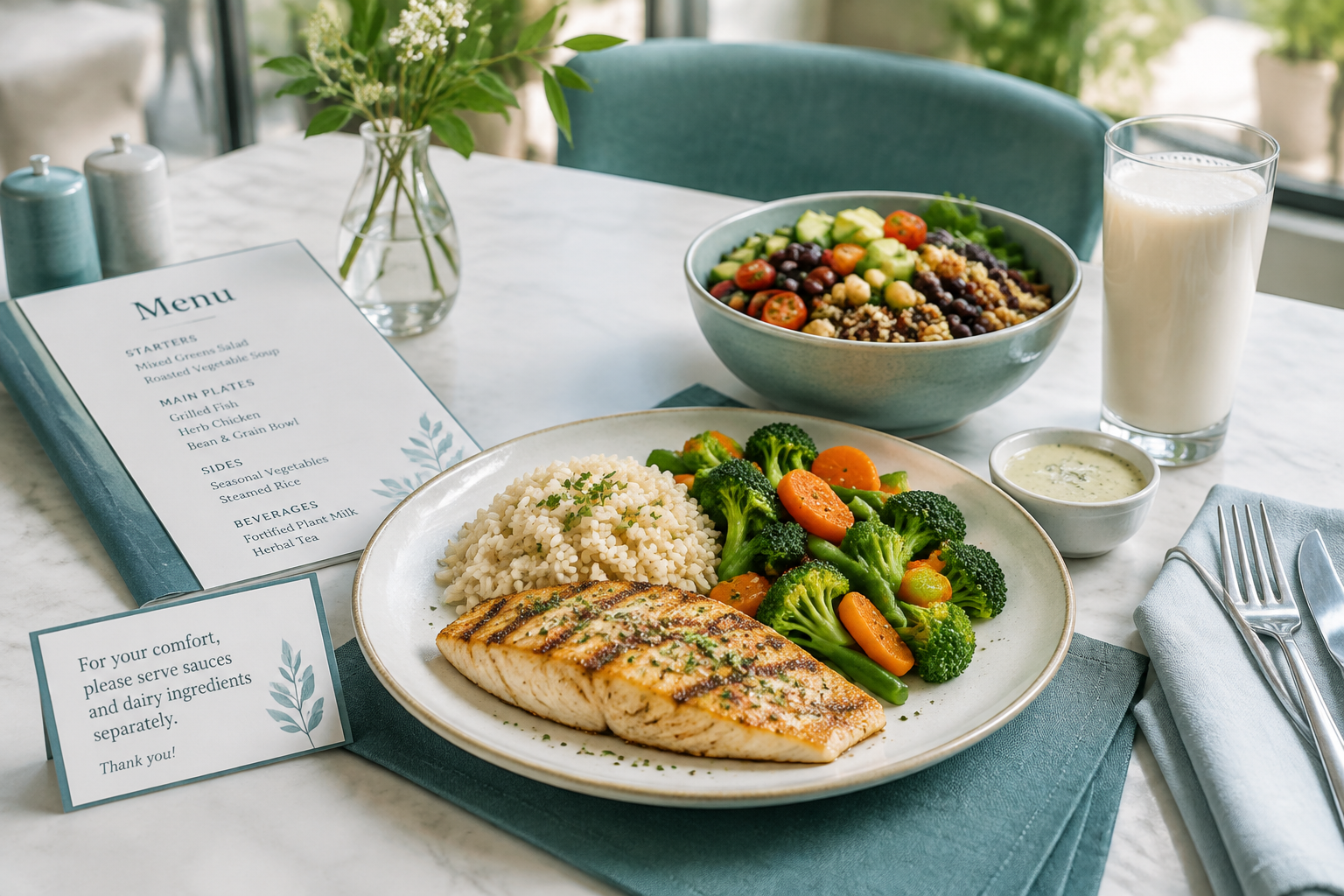 Low-lactose restaurant meal with grilled food, vegetables, grains, and dairy-free sauce