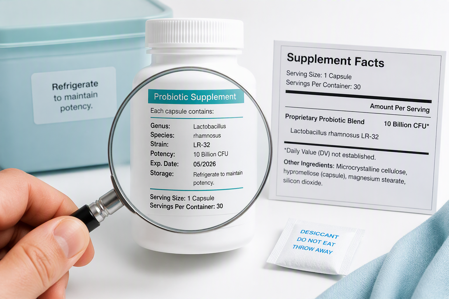 Probiotic label showing strain code, CFU count, dose, expiration date, and storage details
