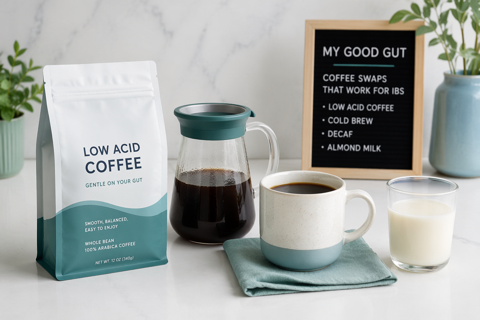 Low-acid, decaf, cold brew and plant milk options displayed as gentler coffee swaps for IBS