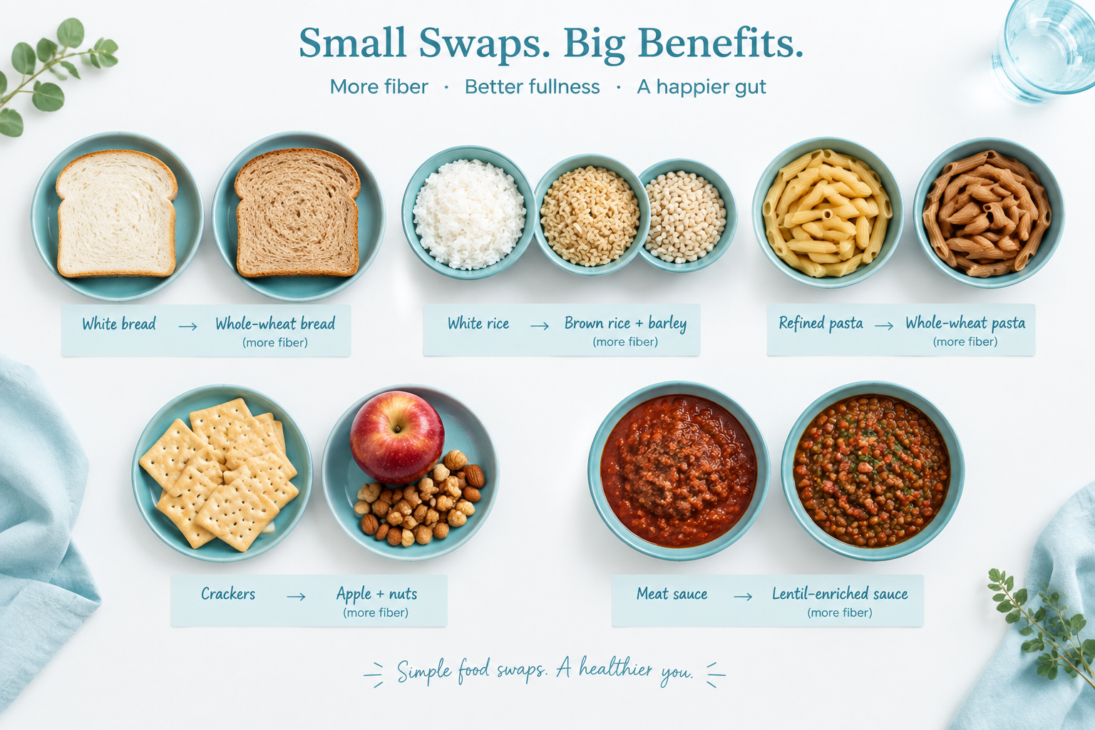 Easy high-fiber swaps using whole-wheat bread, brown rice, barley, fruit, and lentils