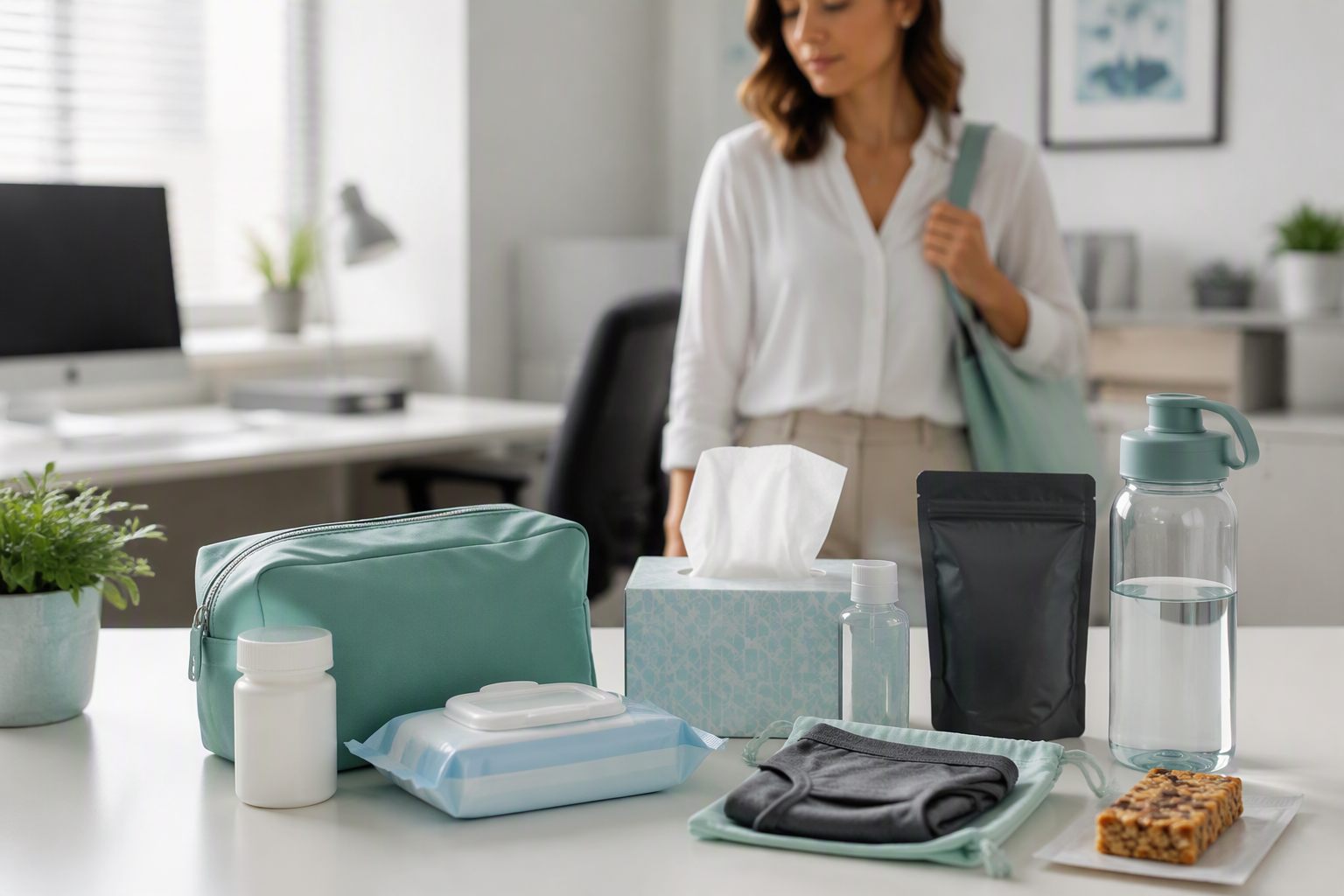 IBS emergency kit at work with wipes, spare clothing, medicine, snack, and water
