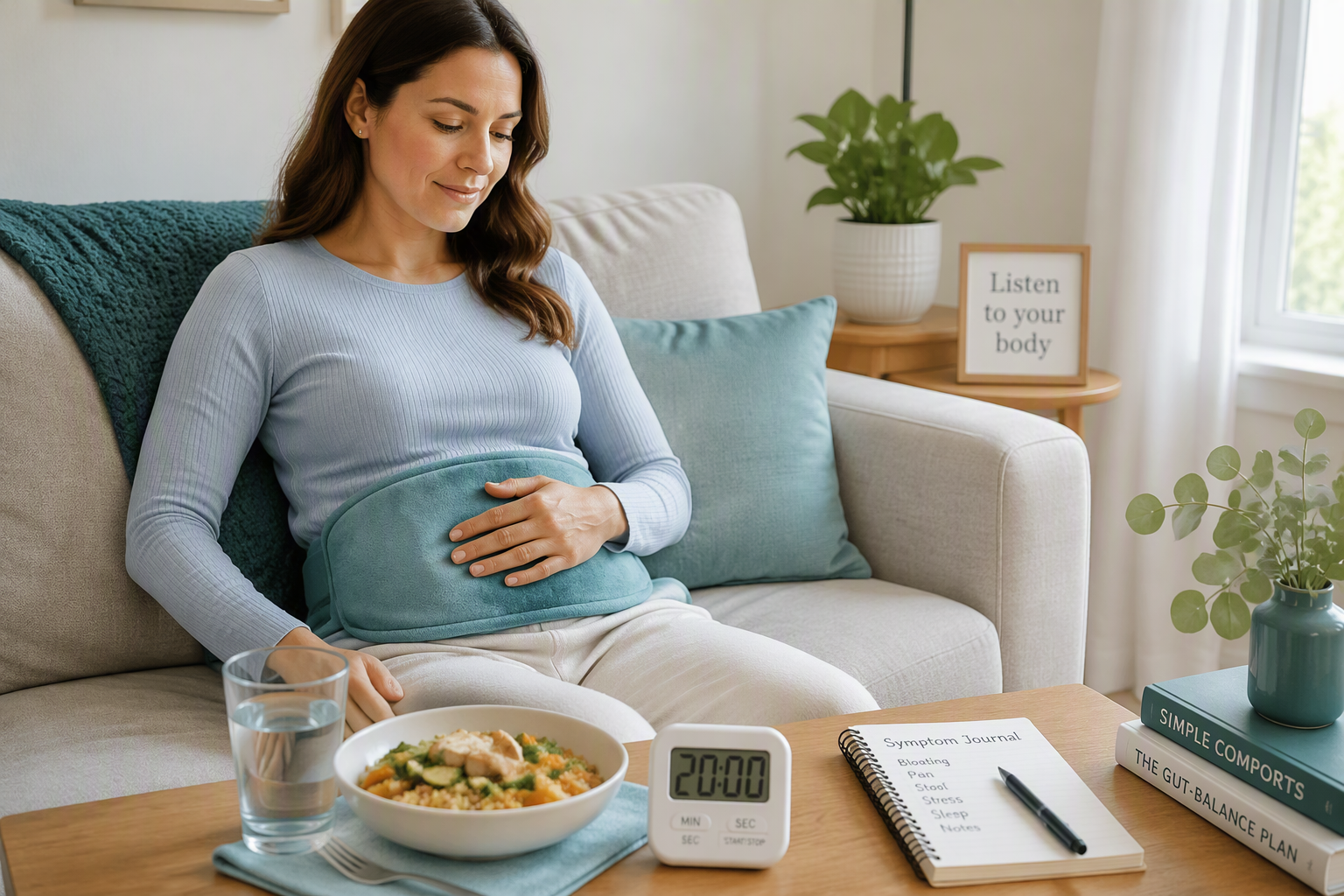 Safe IBS pain flare relief with heat, hydration, gentle movement, and a symptom diary