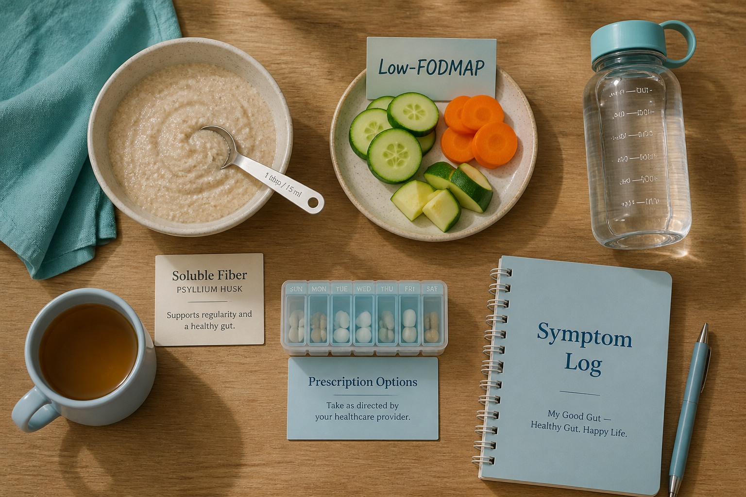 Top-down lifestyle image showing fiber, Low-FODMAP food, water and a symptom log for IBS management