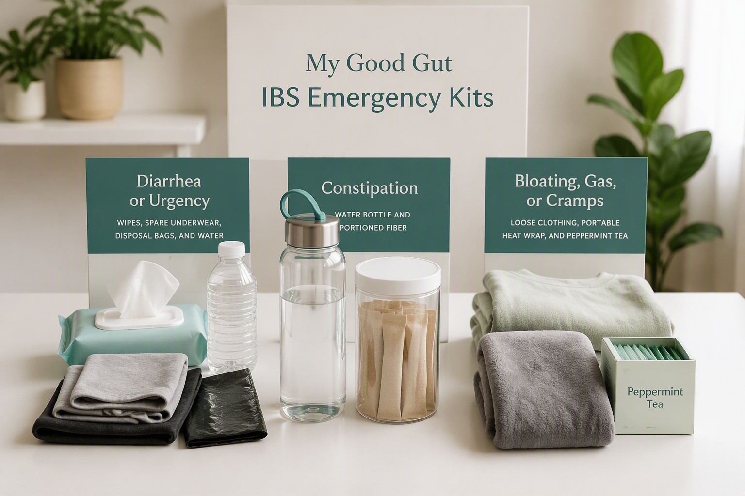 Symptom-specific IBS emergency supplies for diarrhea, constipation, bloating, and cramps