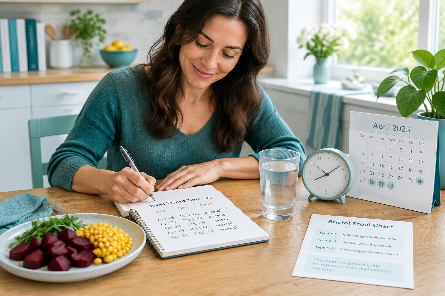 Home bowel transit time check with beets, corn, notes, and Bristol Stool Chart
