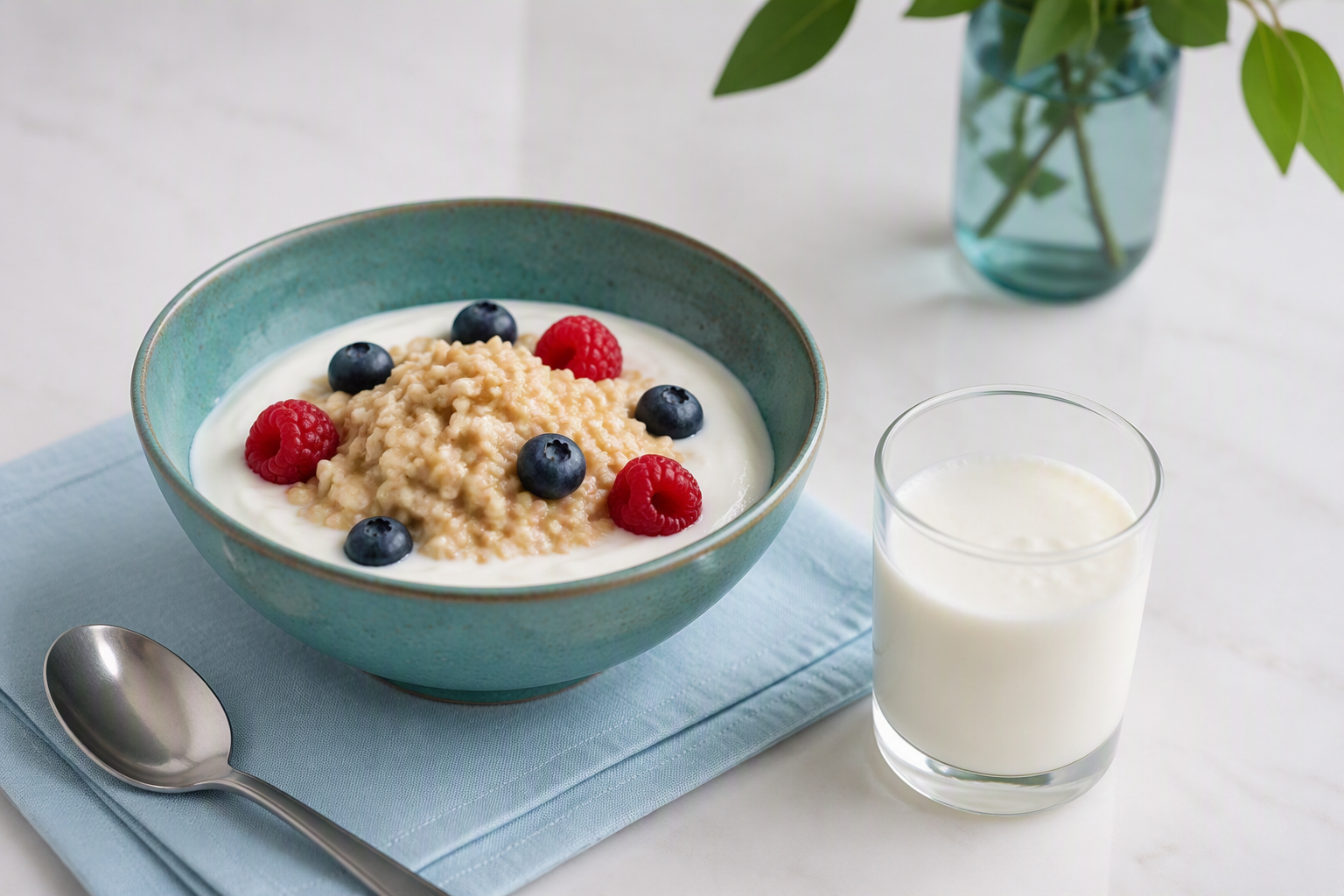 Plain yogurt and kefir paired with oatmeal and berries for probiotics and fiber