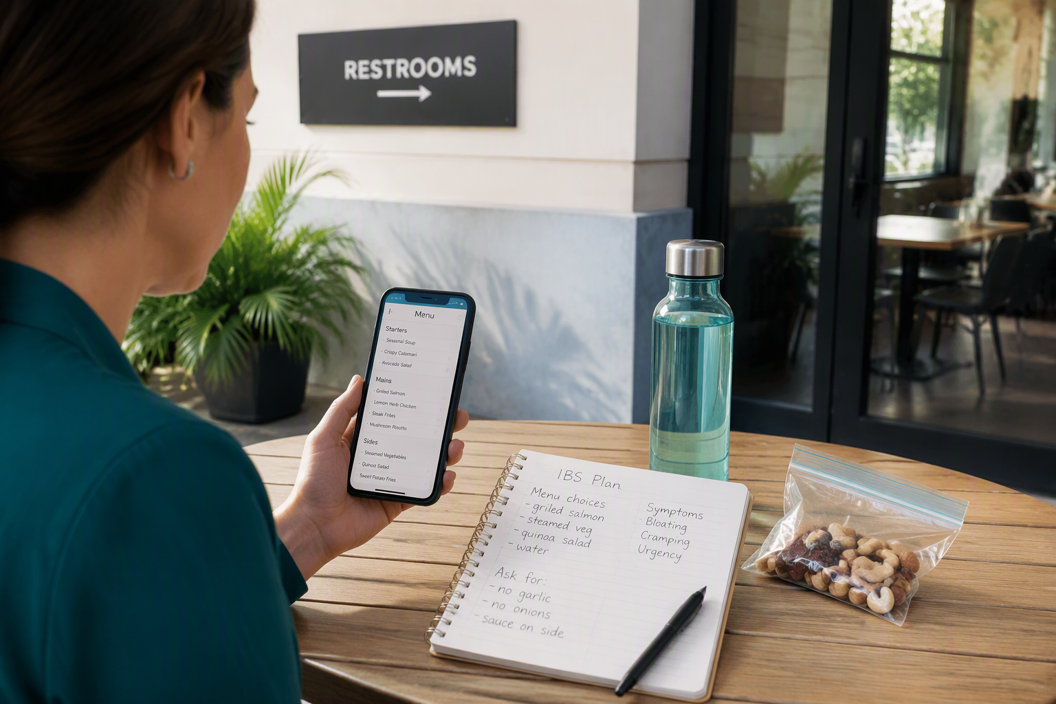 Planning ahead for eating out with IBS using a menu, symptom notes, and a backup snack