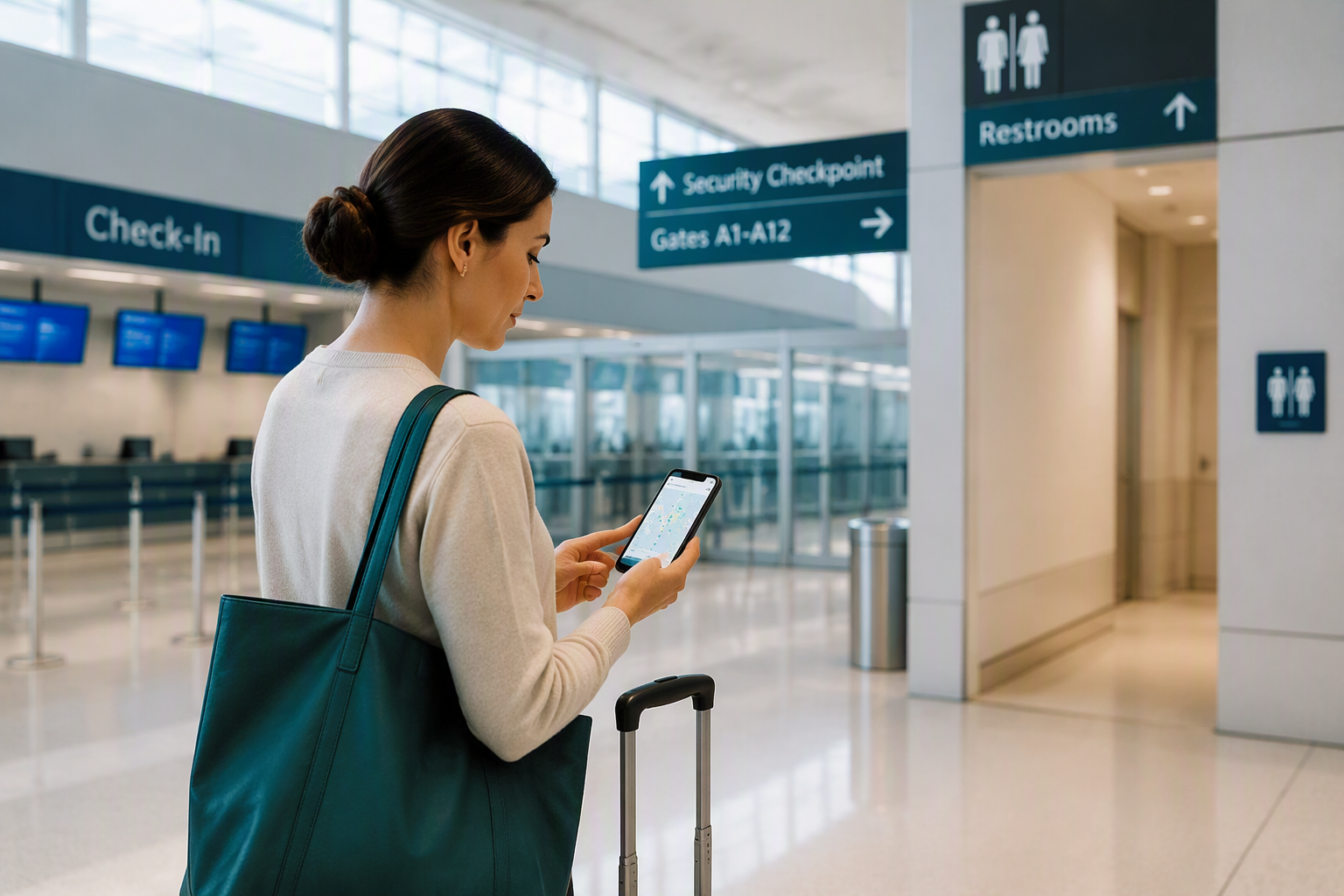 Traveler planning airport restroom access for flying with IBS