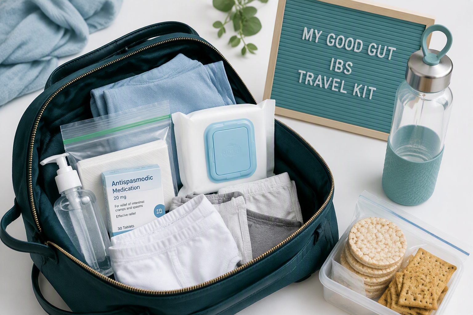 IBS travel kit with medication, wipes, spare clothing, water, and familiar snacks