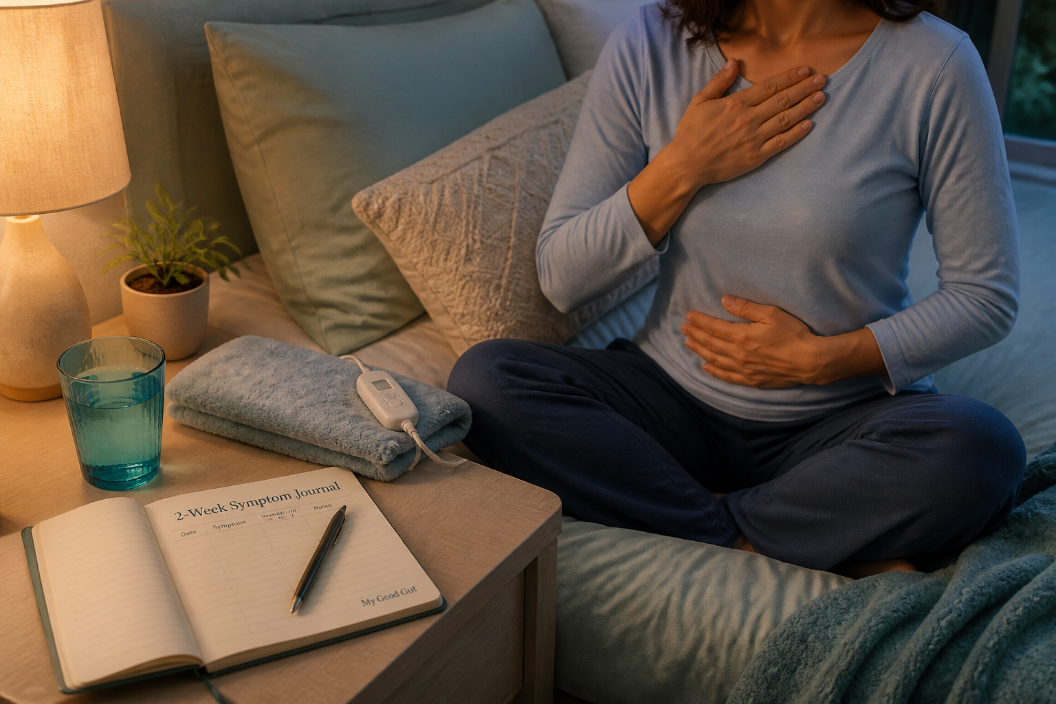 Bedside symptom journal, water, heating pad and gentle breathing to calm nighttime IBS flares