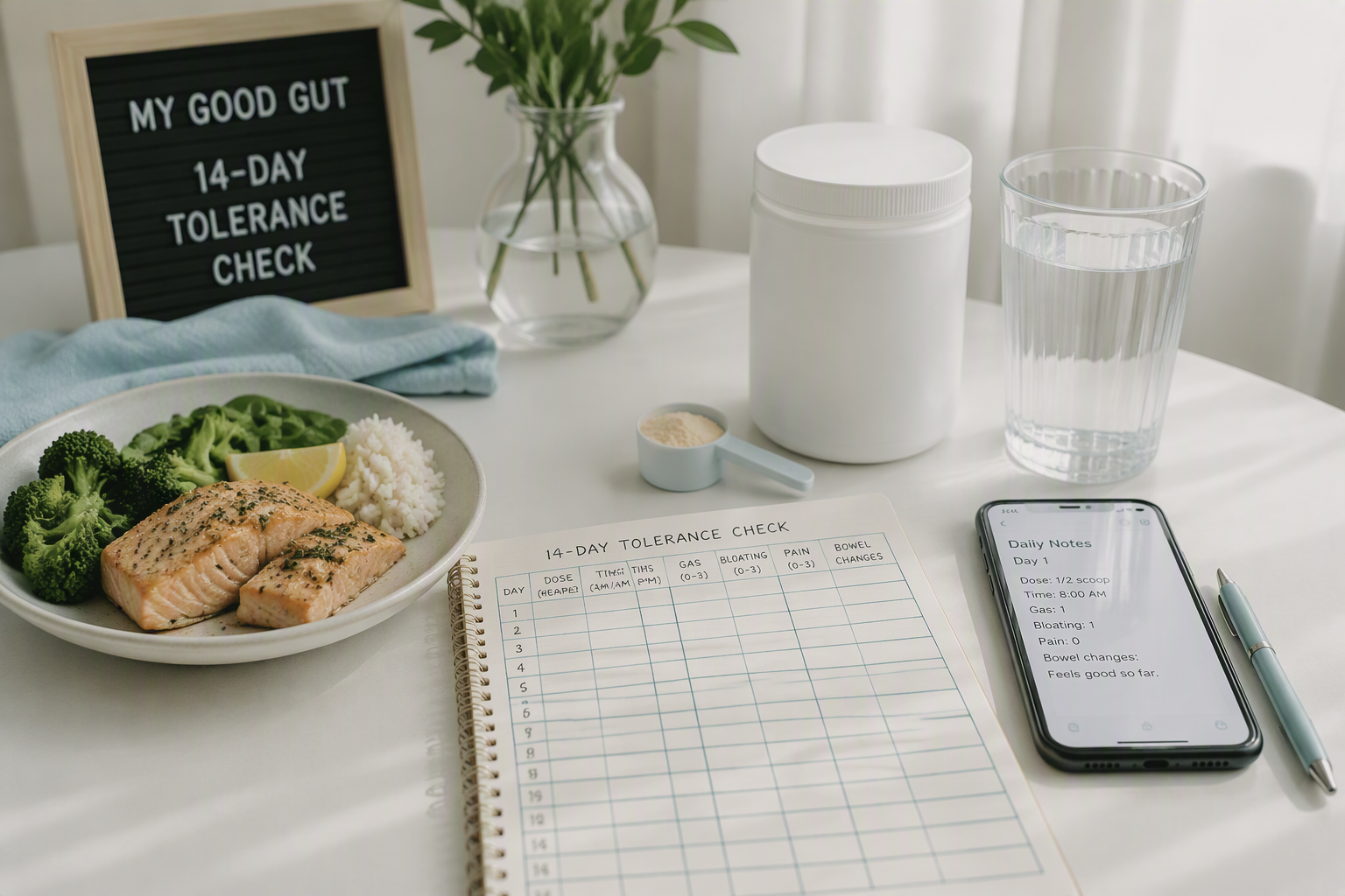 14-day probiotic tolerance check with dose, timing, gas, and bloating tracking