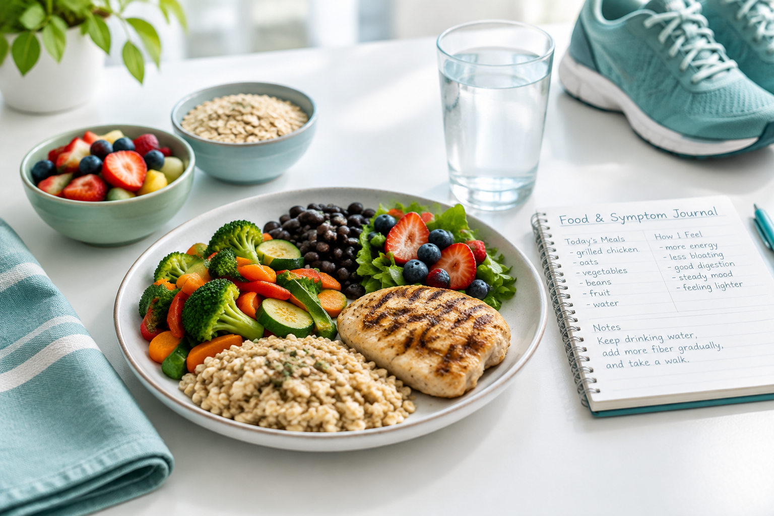 Lower-fat meal, soluble fiber, and hydration for diet-related sticky stool