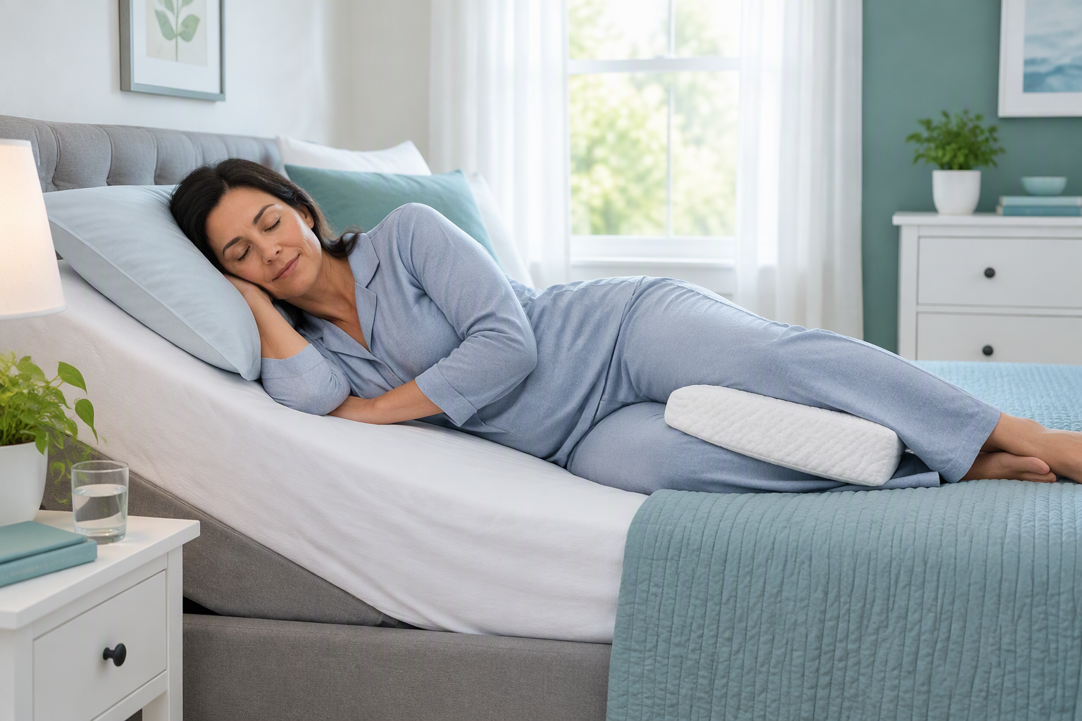 GERD bed setup with a wedge pillow, elevated head of bed, and left-side sleeping