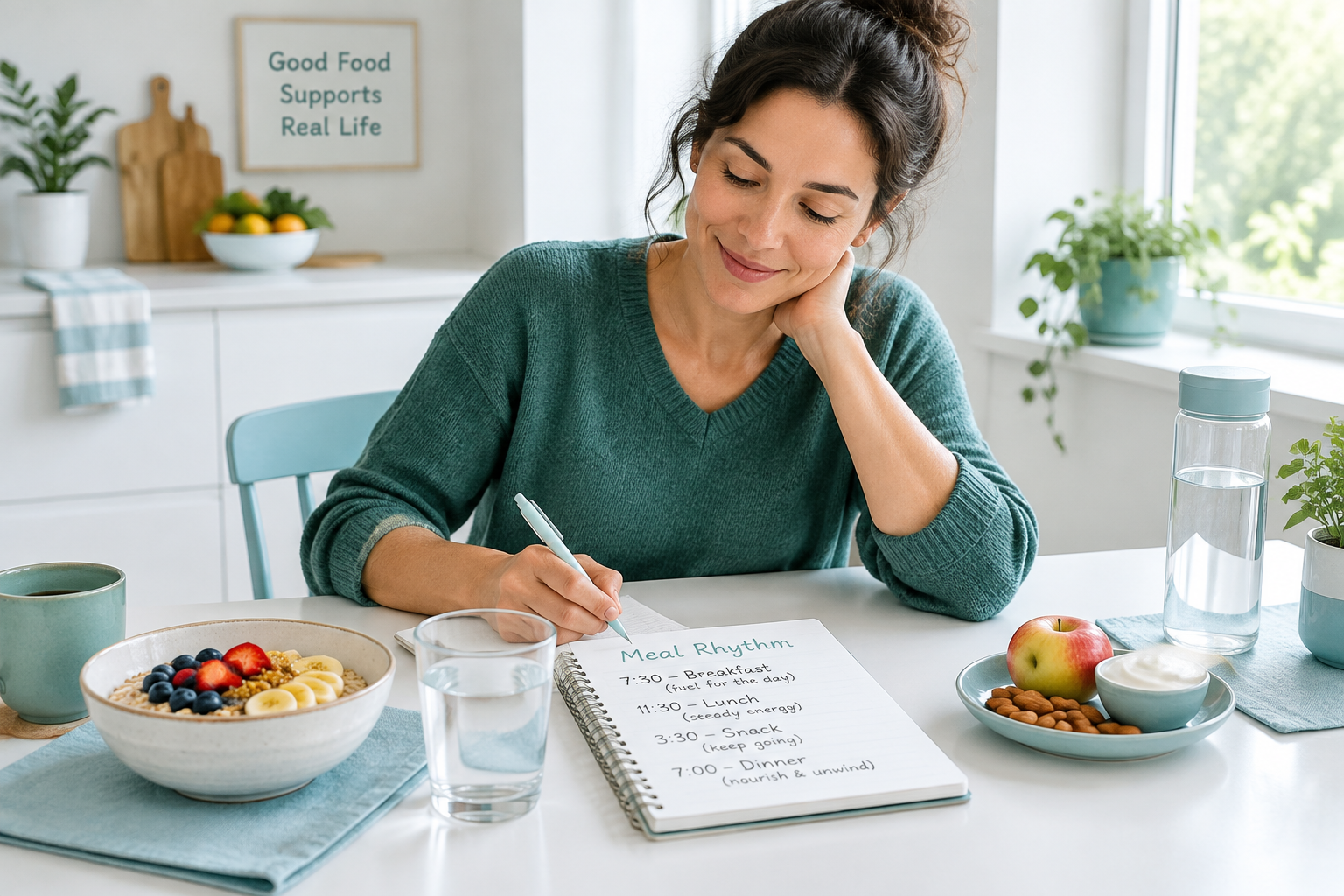 Realistic meal spacing plan with balanced food, water, and a planned snack