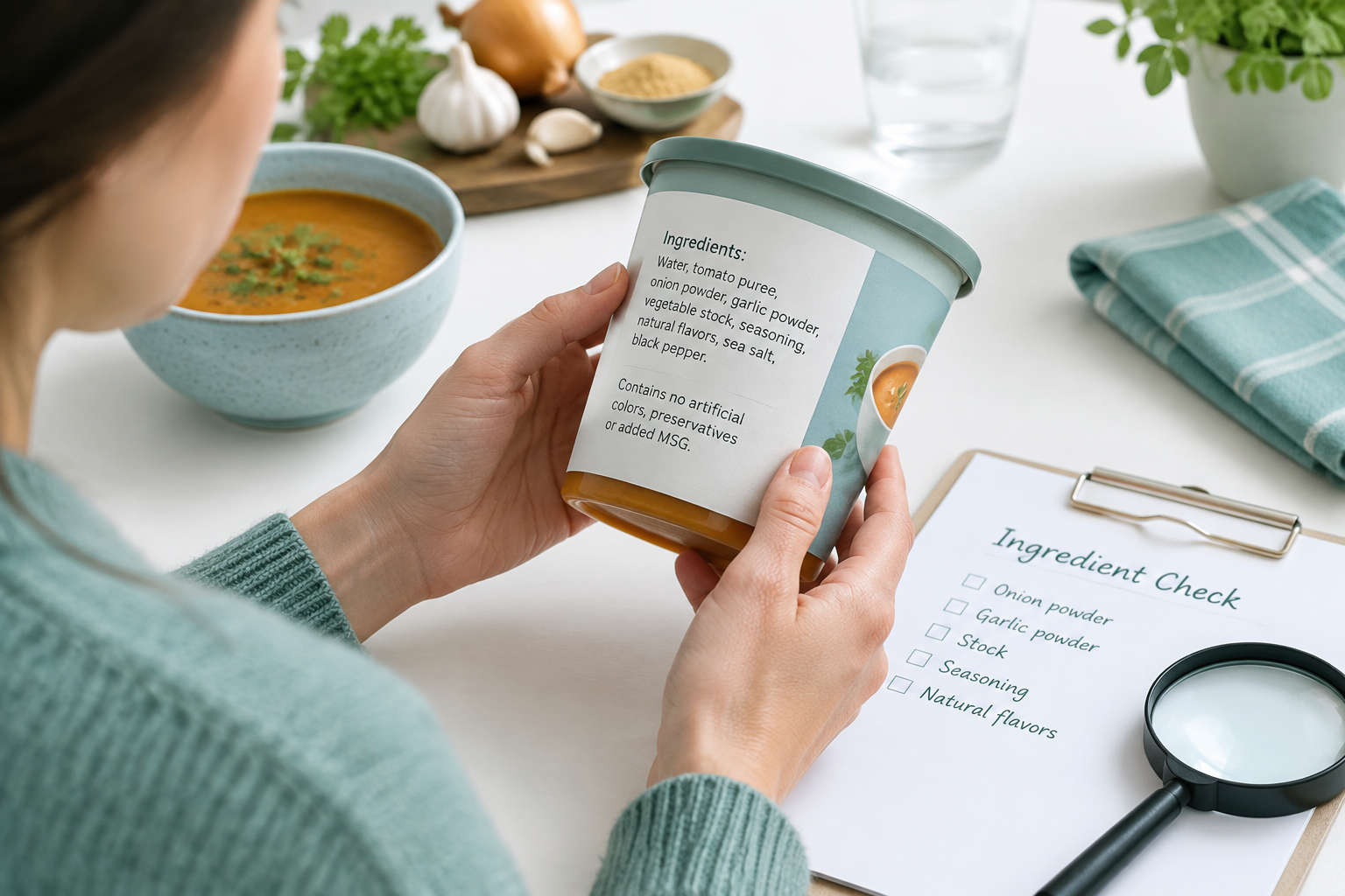 Reading food labels for hidden onion powder, garlic powder, stocks, and seasonings