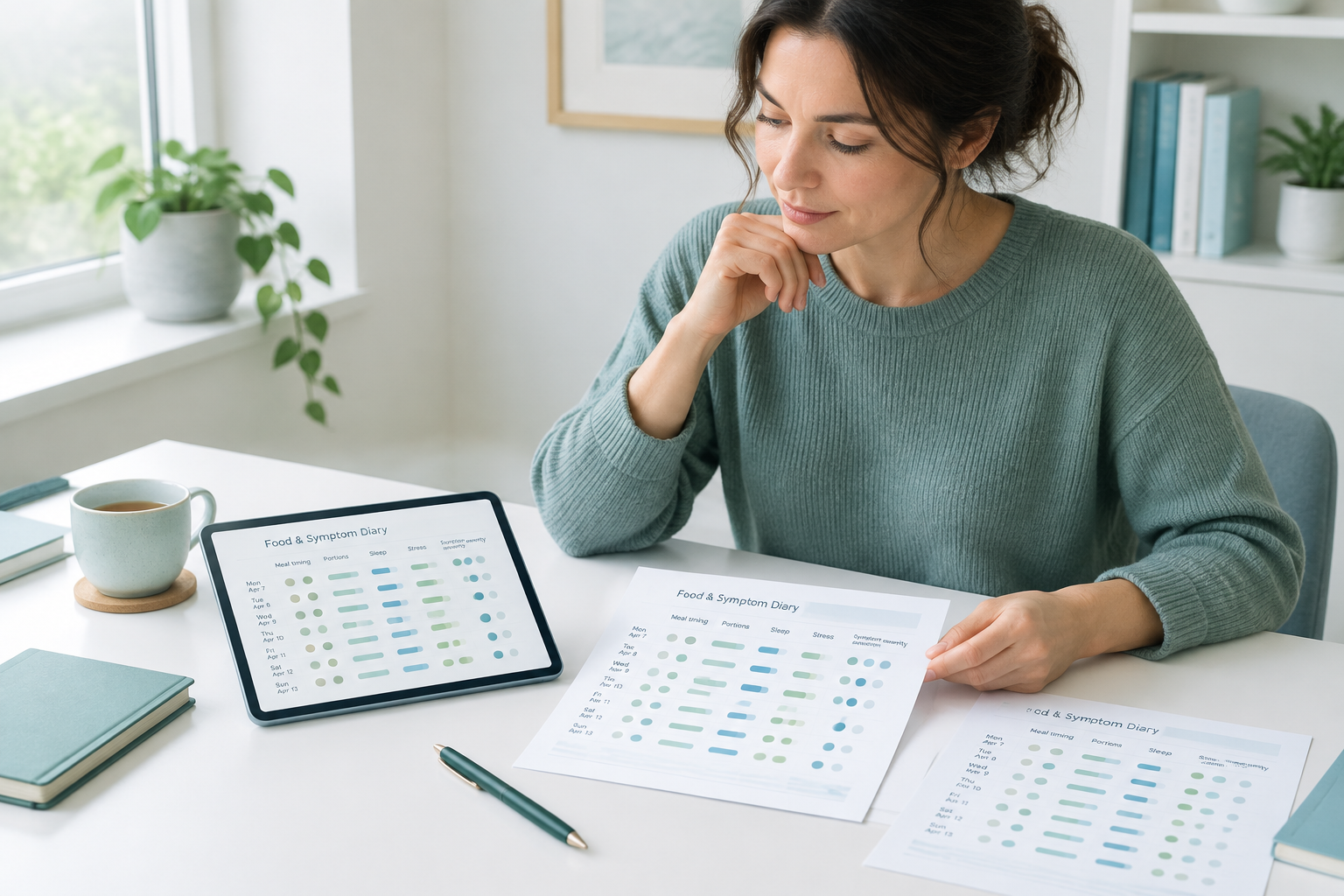 Reviewing food symptom diary patterns across meals, timing, stress, and symptoms