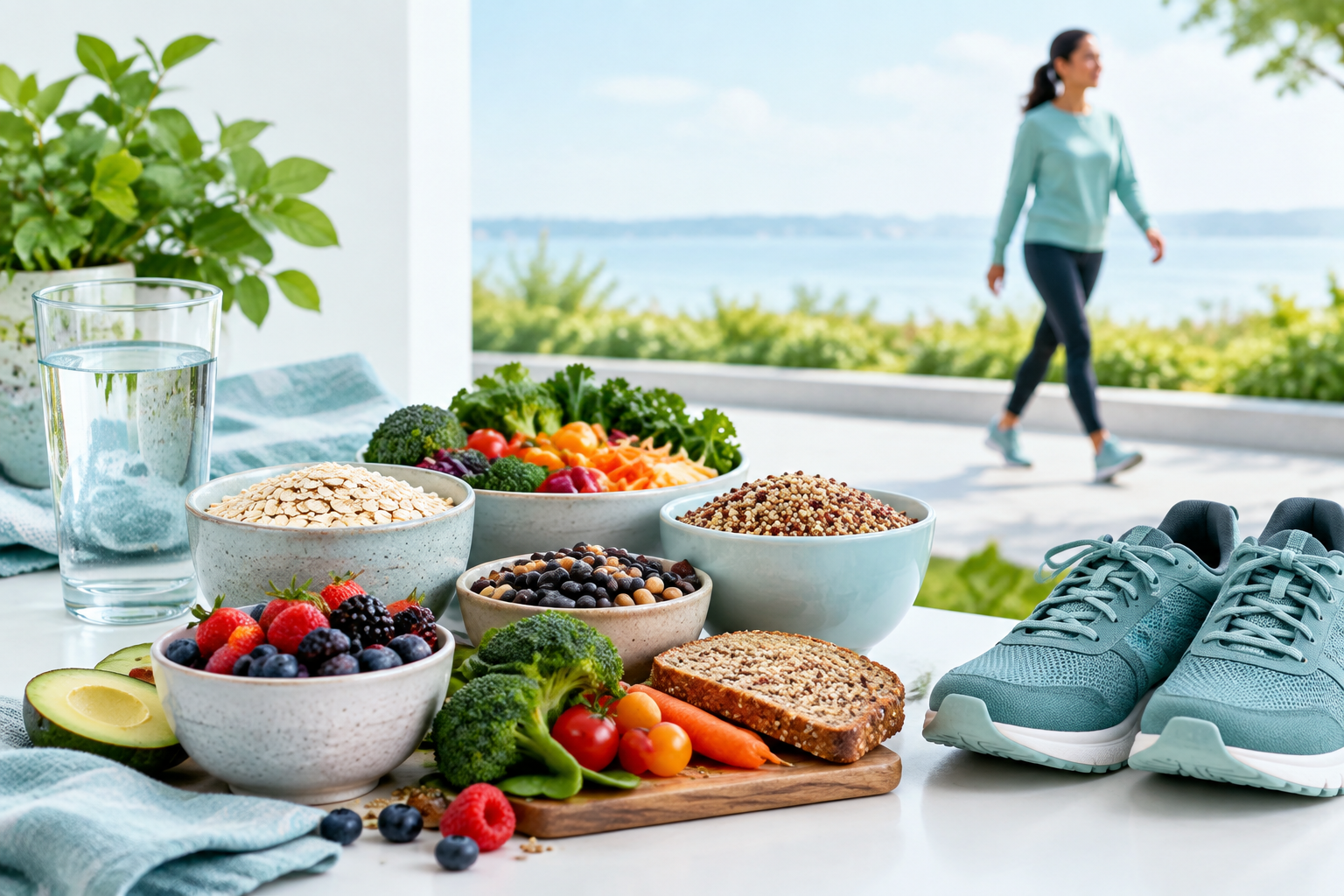High-fiber foods, water, and movement to support regular bowel habits