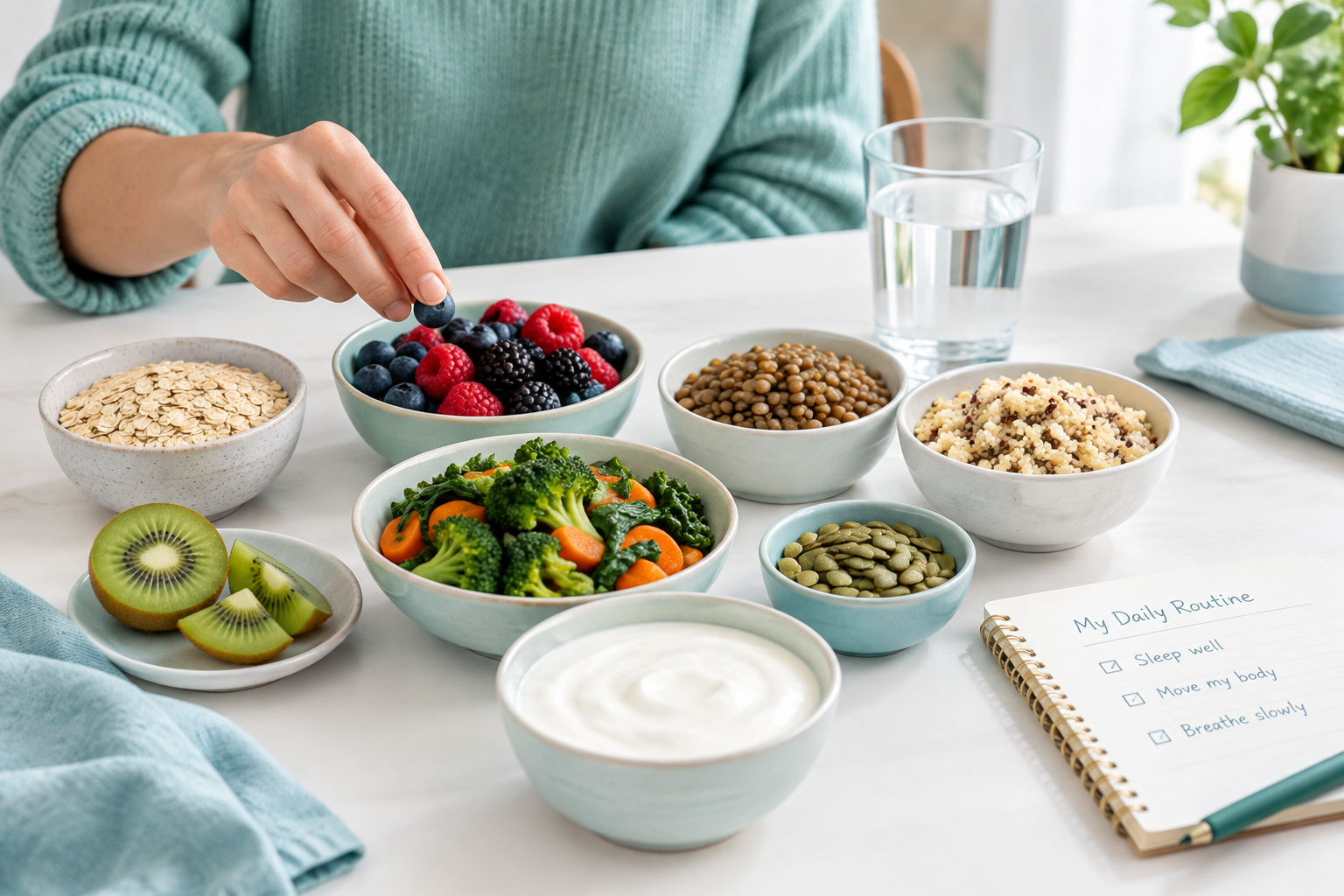 Gentle gut support with tolerated fiber, plant variety, fermented foods, sleep, and movement
