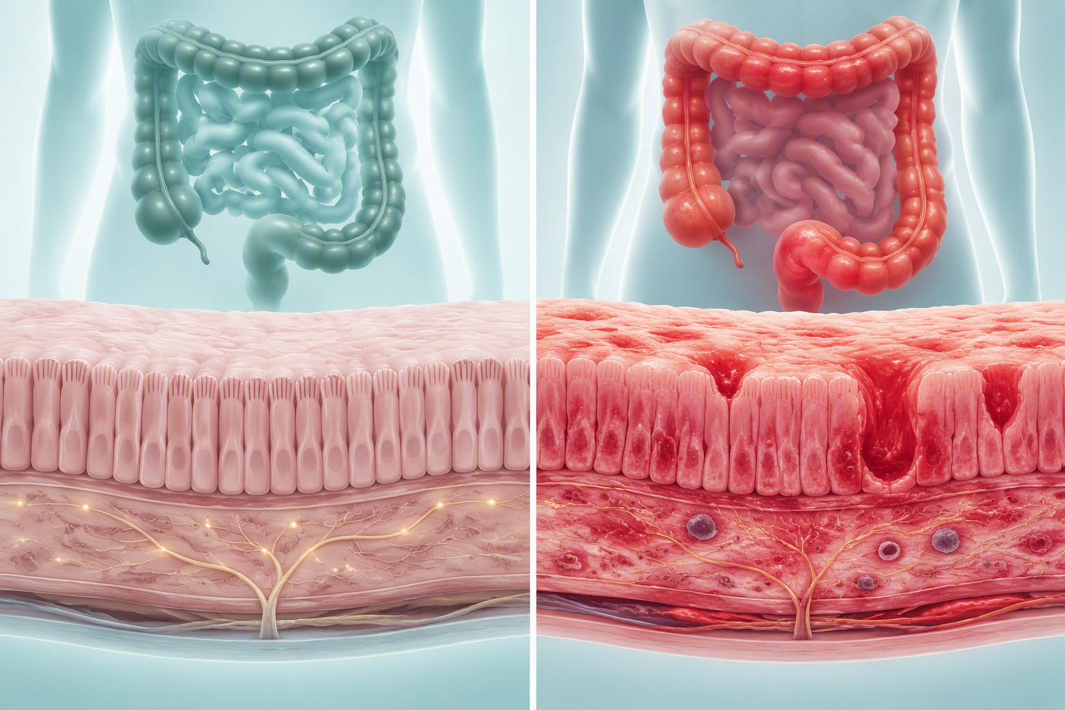 Medical comparison of IBS and IBD showing normal bowel lining versus inflammation and ulcers