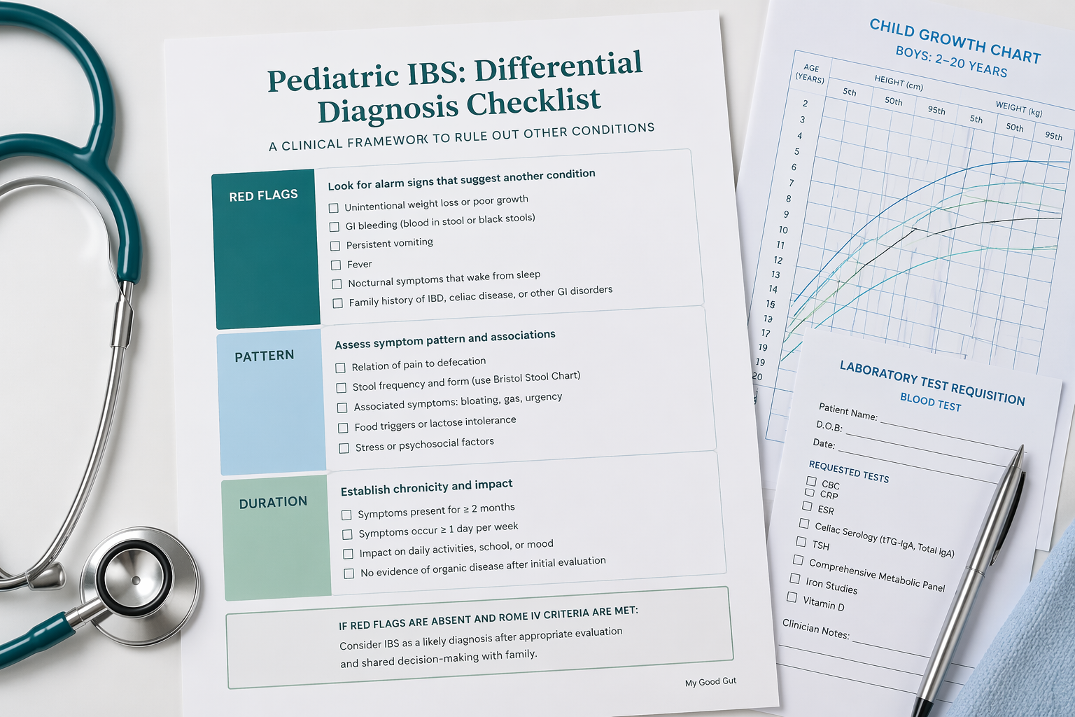 Checklist and medical items illustrating how clinicians distinguish pediatric IBS from other conditions