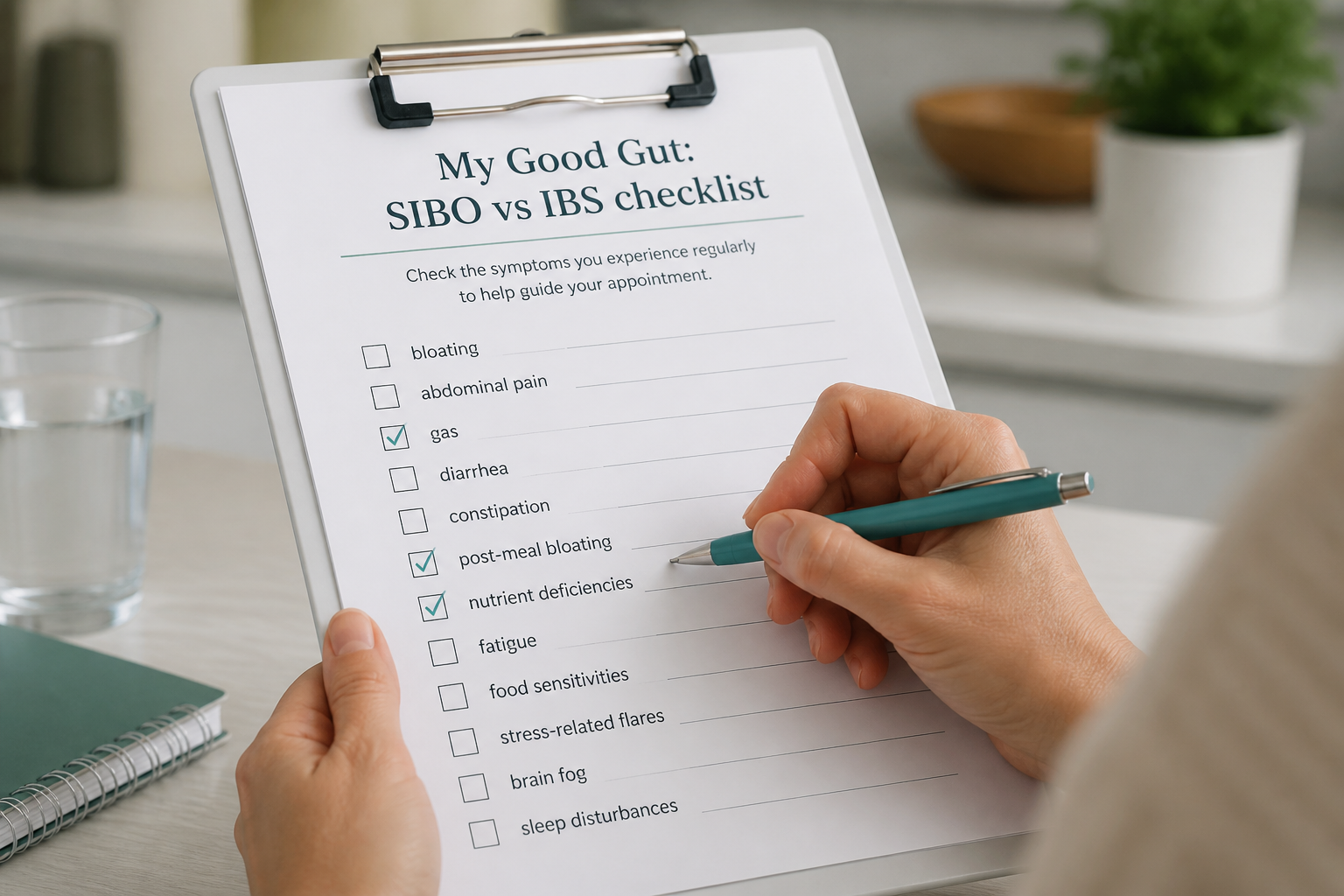 Person completing a SIBO vs IBS checklist to help distinguish conditions