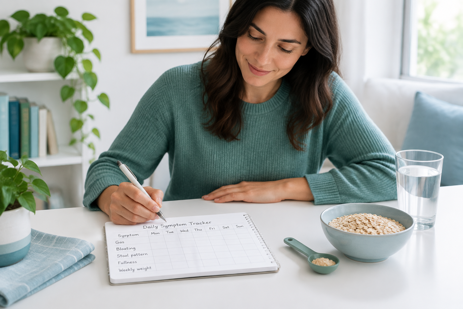 Symptom diary and gradual prebiotic testing for IBS and digestive comfort