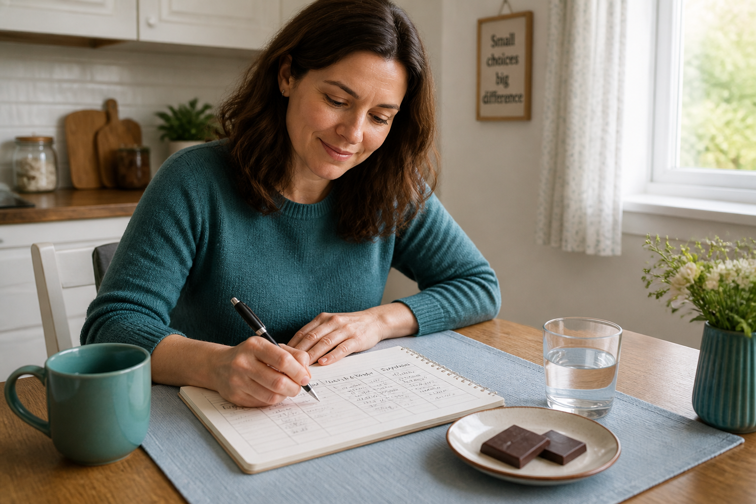 Person recording chocolate test in a symptom diary with two chocolate squares on a plate