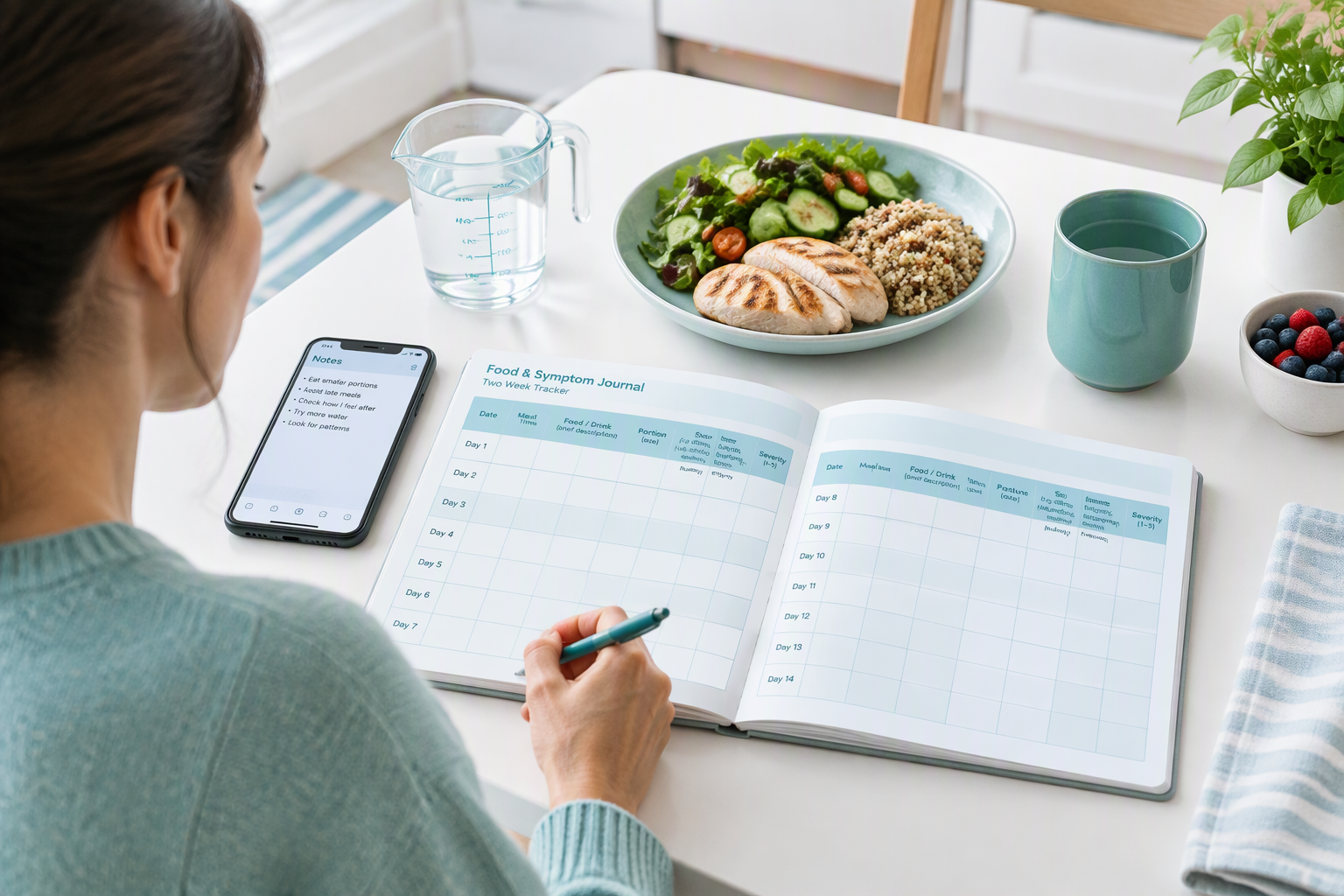 Food-and-symptom journal for testing personal acid reflux triggers over two weeks