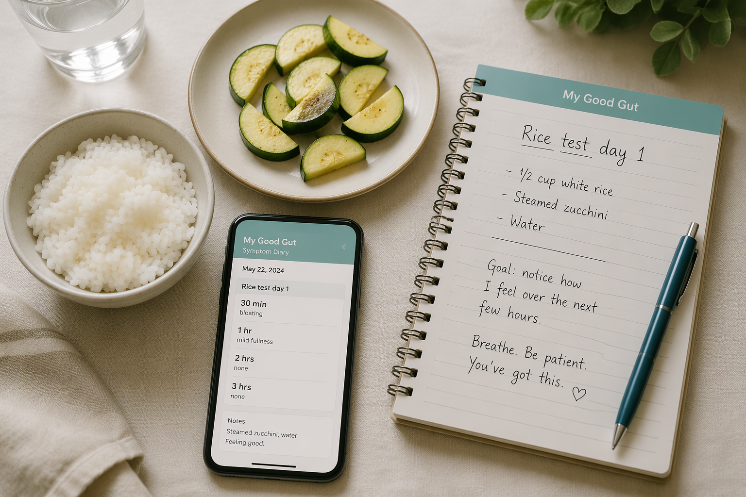 Meal and symptom diary showing a rice tolerance test for IBS