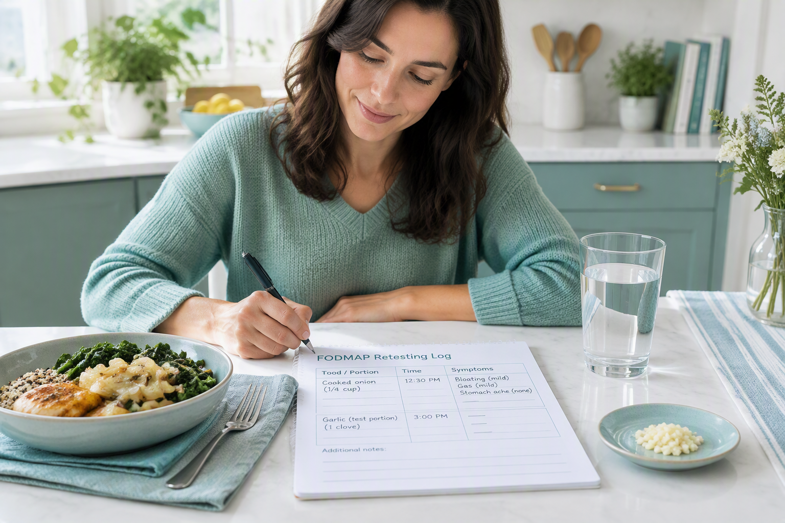 FODMAP retesting log with measured onion portions for finding personal tolerance