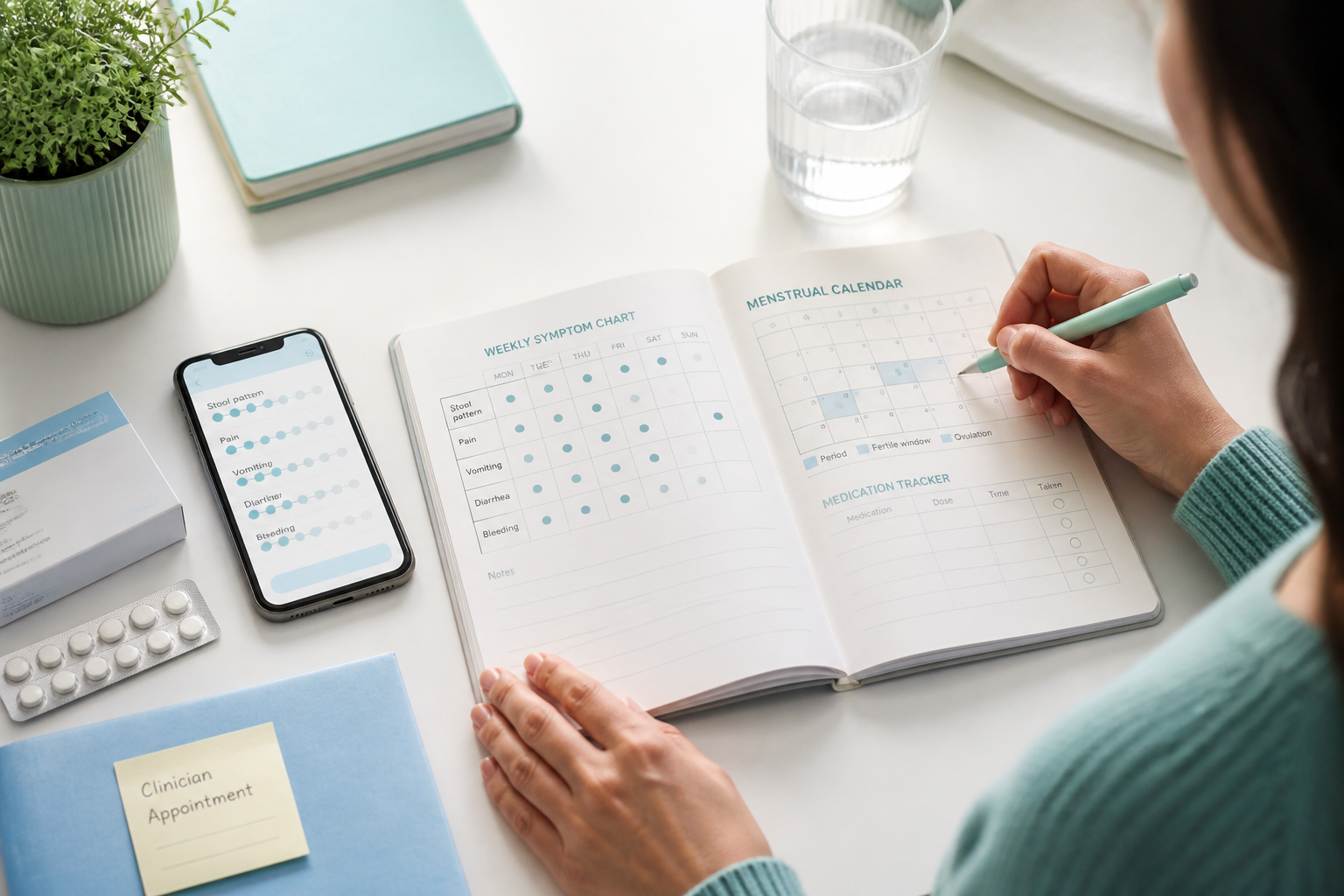 IBS symptom and menstrual cycle diary for tracking birth control effects and warning signs