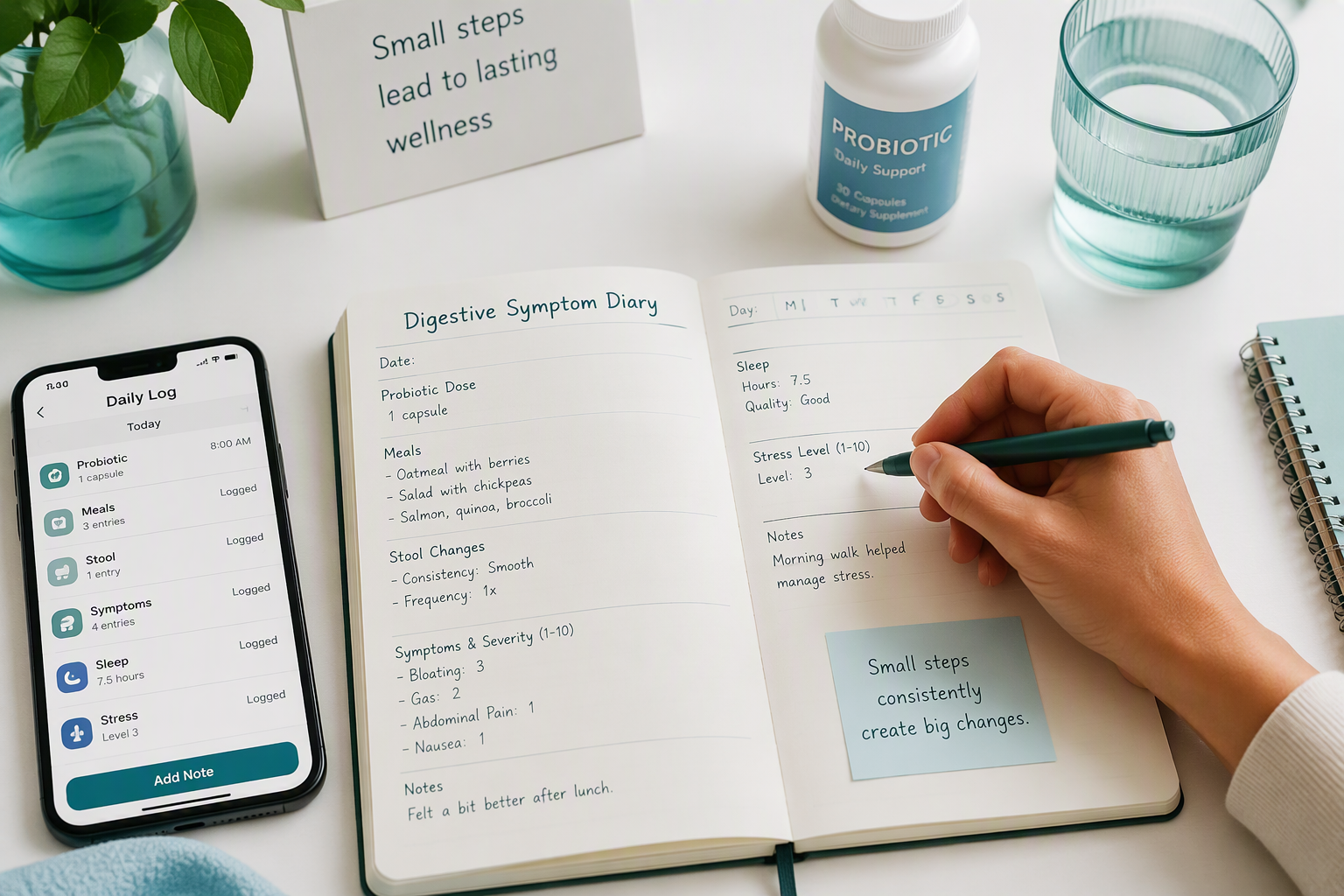 Digestive symptom diary tracking probiotic doses, meals, bloating, and stool changes