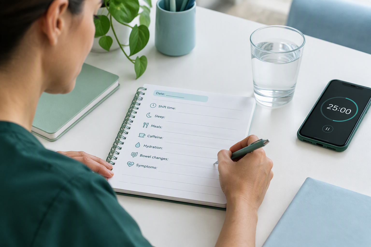 Food-and-symptom diary tracking meals, caffeine, sleep, and bowel changes on night shifts
