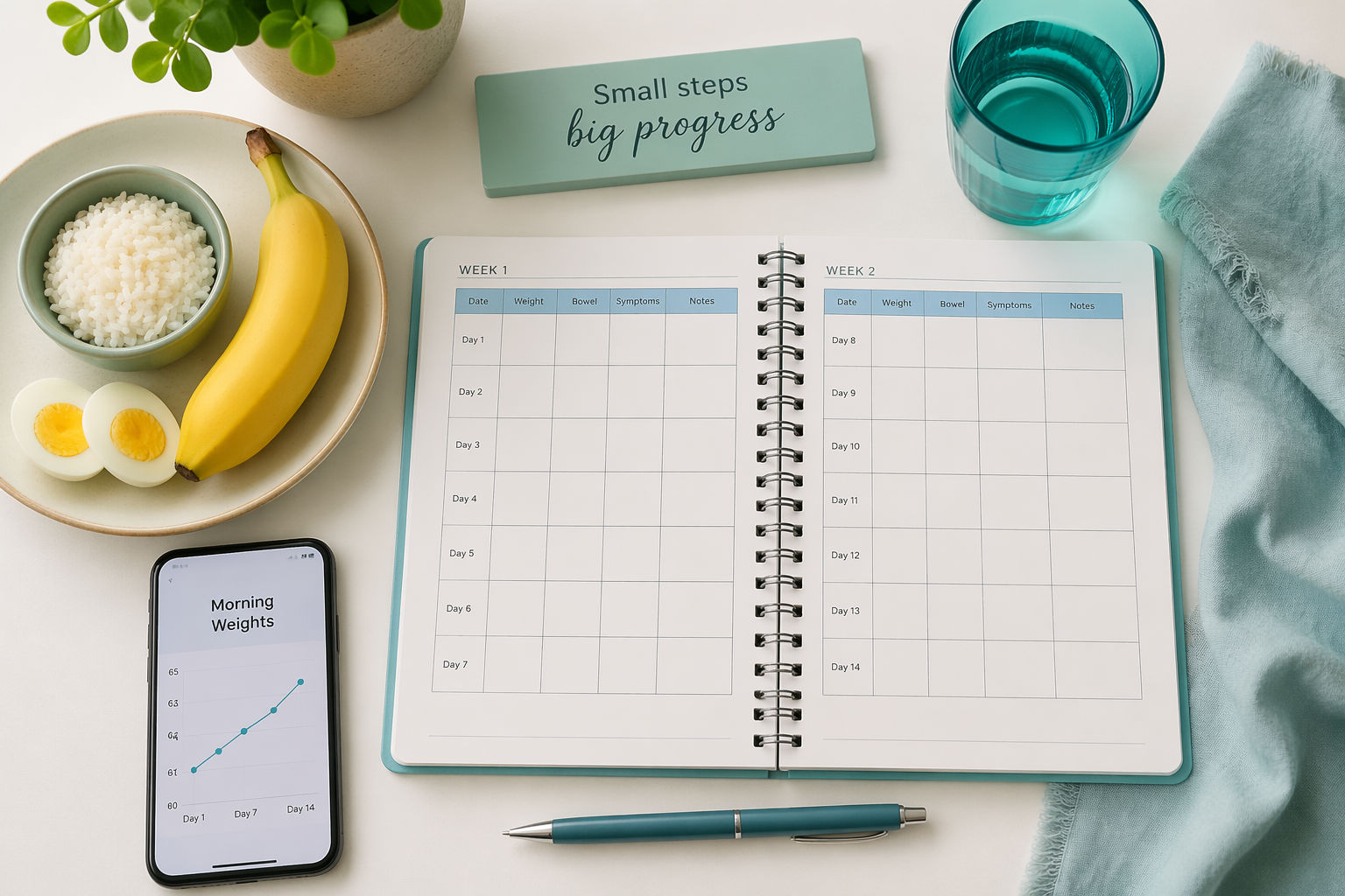 Two-week food and symptom log with IBS-friendly foods for tracking weight and bloating