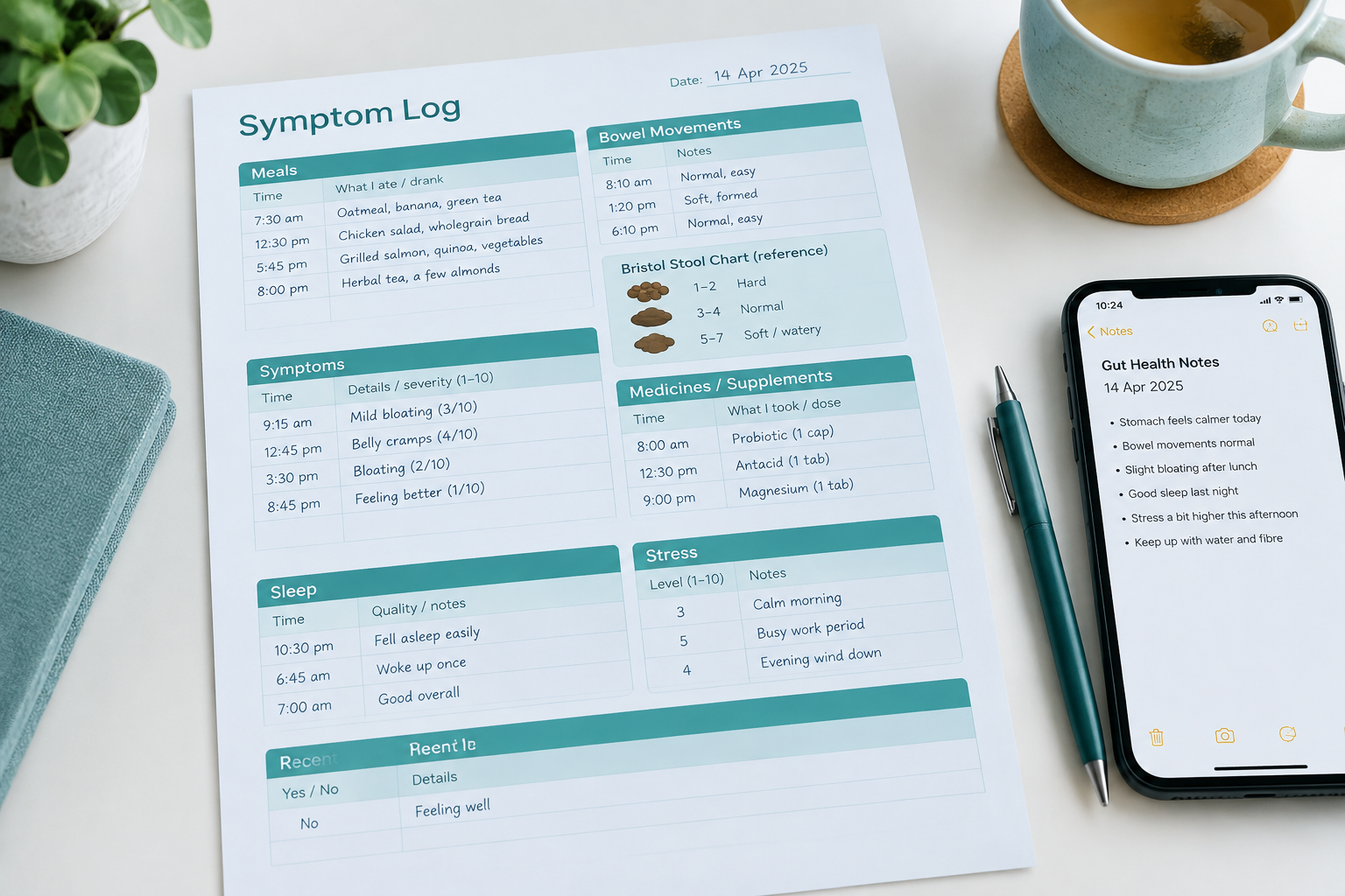 Symptom log tracking meals, bowel habits, Bristol Stool Chart, and triggers