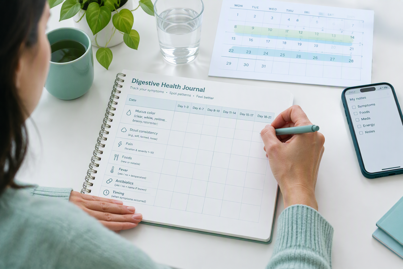 Tracking mucus in stool, bowel changes, foods, pain, and medications