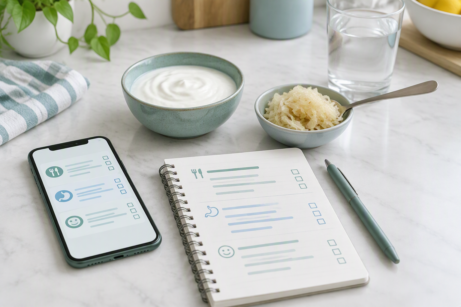 Food and symptom log tracking fermented foods, portions, bloating, gas, and stool changes