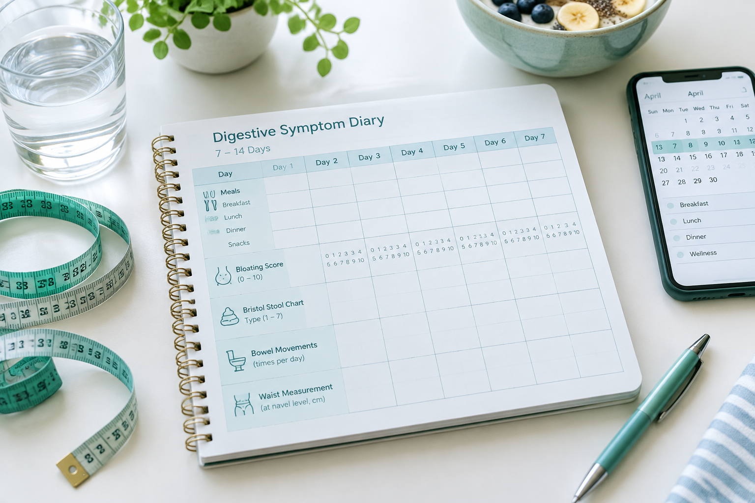 Digestive symptom diary tracking bloating, bowel habits, and waist measurements