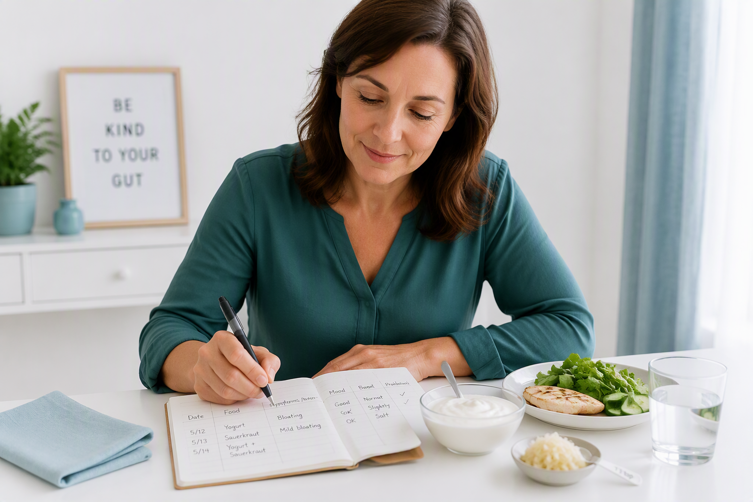 Food and symptom journal beside small probiotic food portions for a safe trial