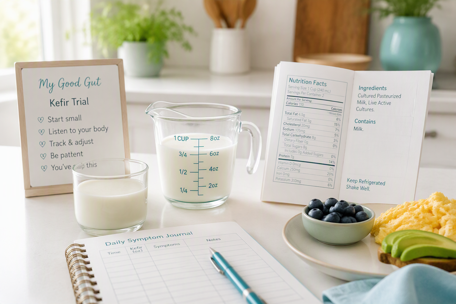 Small serving of plain kefir, nutrition label, and symptom journal for safe use