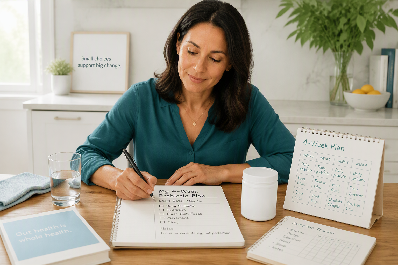 Safe probiotic trial with symptom tracking, calendar, and supplement