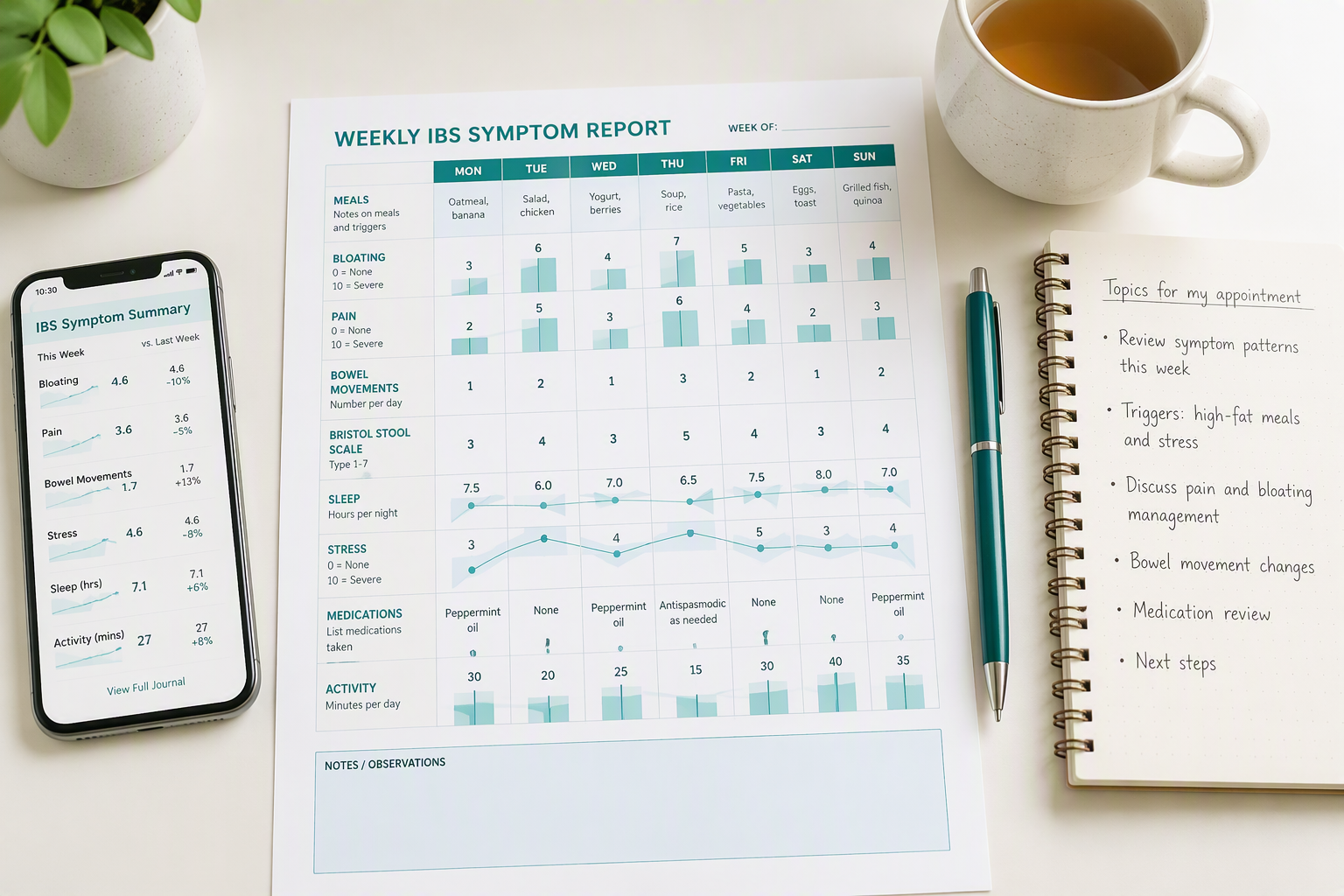 IBS app data showing food, symptoms, bowel movements, stress, and sleep patterns