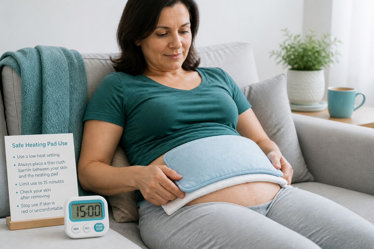 Safe heating pad use for IBS cramps with a towel barrier and timer