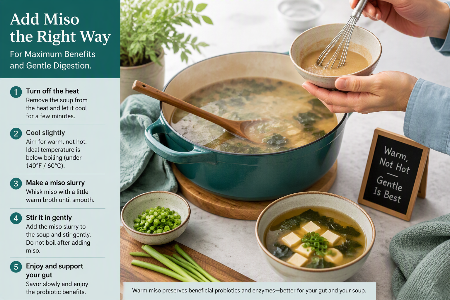 Miso soup prepared after cooking to limit heat exposure to live cultures