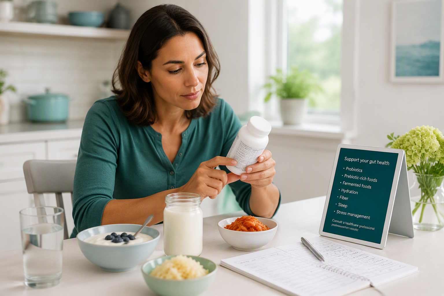 Safe probiotic use with label checking, fermented foods, and symptom tracking