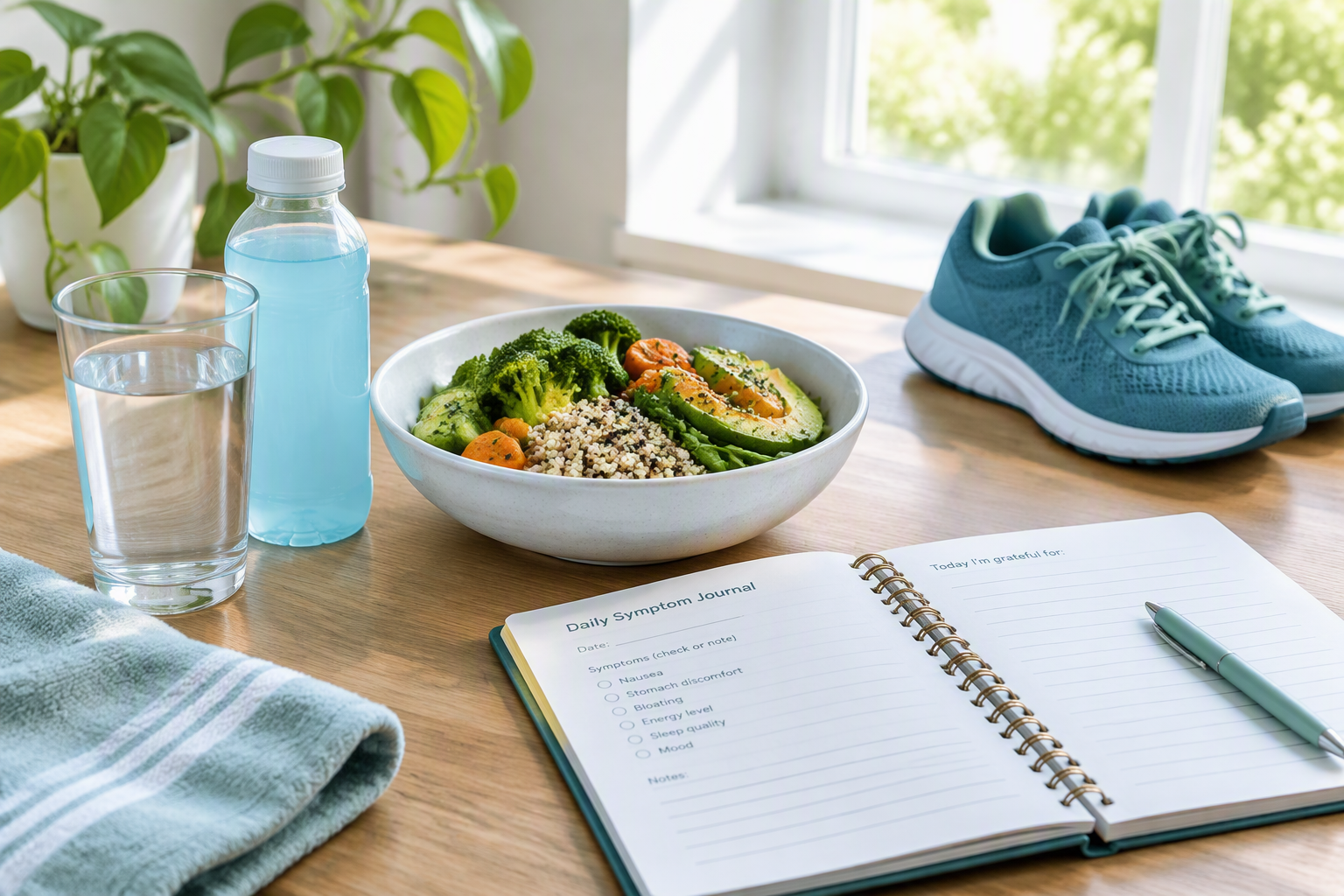 Alcohol-free gut recovery routine with hydration, regular meals, symptom tracking, and movement