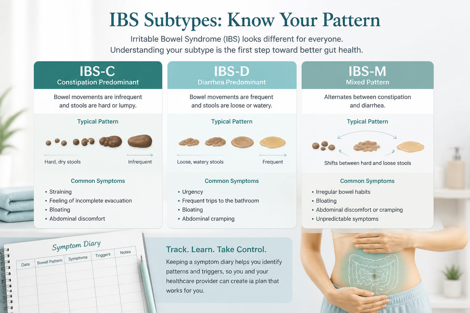 IBS-C, IBS-D, and IBS-M subtype patterns shown in a clear health infographic